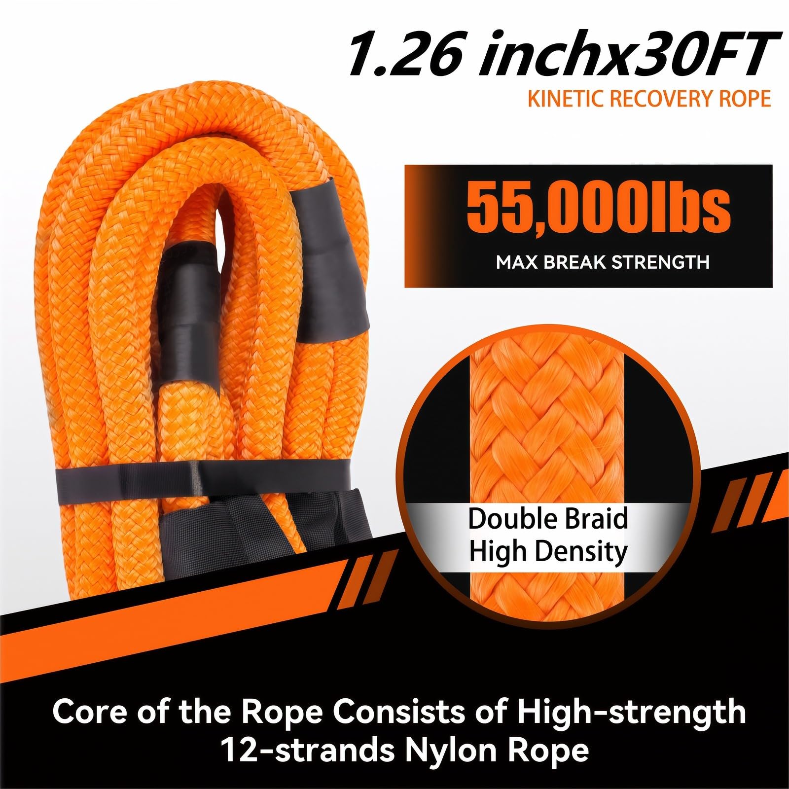 Kinetic Recovery Rope 1.26'' x 30ft 55000lbs Heavy Duty Offroad Snatch Strap with 2 Soft Shackles, Kinetic Tow Rope Recovery Kit