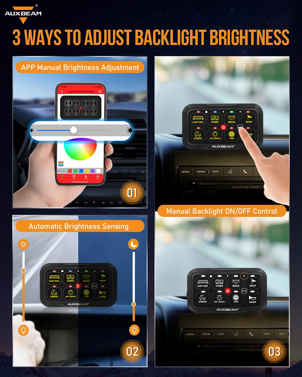 Auxbeam RGB Bluetooth Switch Panel - 8 Gang Toggle Momentary Switch for Truck UTV Boat - Waterproof with 2-Year Warranty