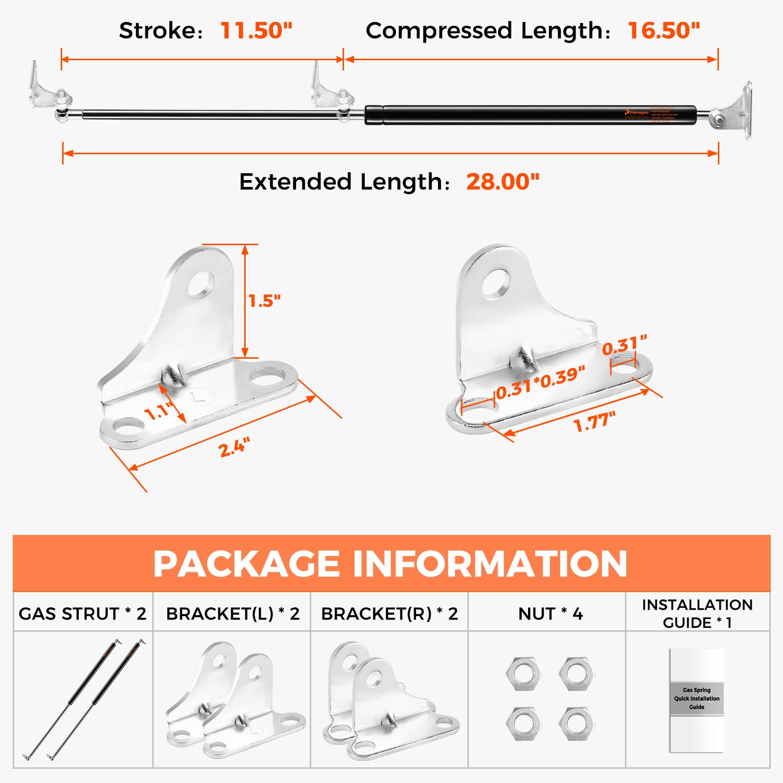 Pamagoo 28 Inch Gas Strut 200 Lbs Per Shock, 890N/200 Lbs Gas Spring Lift For Heavy Duty Lid Basement Floor Door Rv Bed Shed Doo