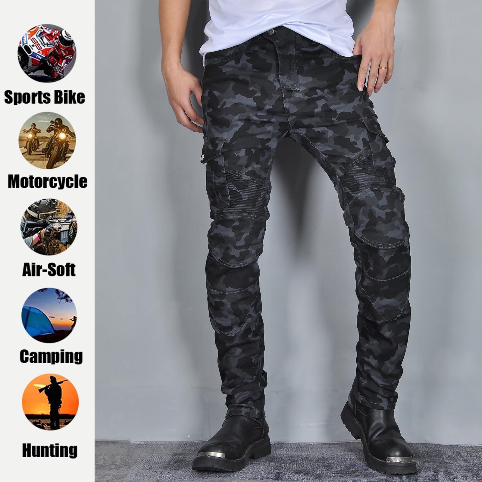 LOMENG Motorcycle Pants Motorbike Riding Denim Jeans Biker Motocross Pants with CE Removable Armored for Men Blue Camouflage XL