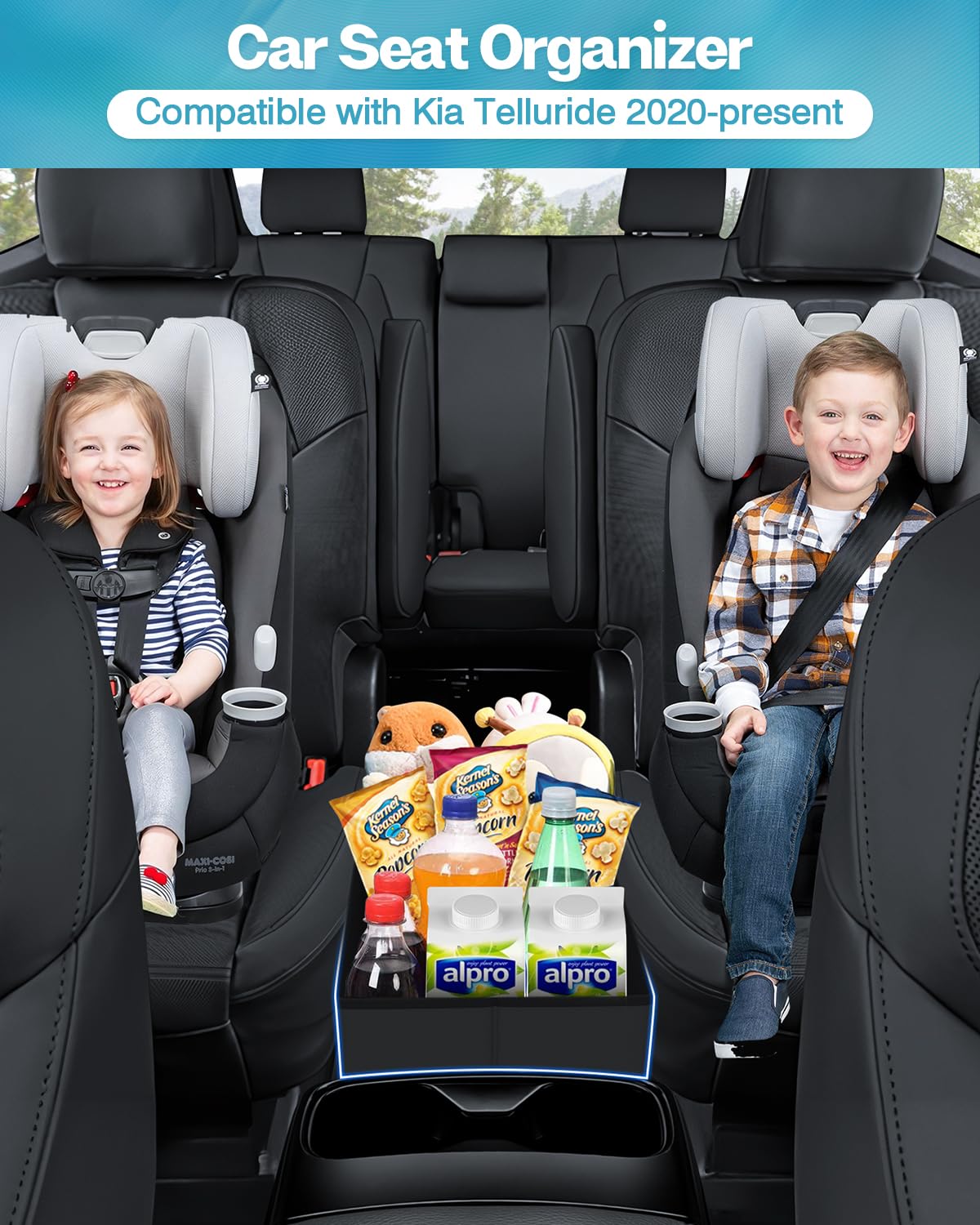 Mixsuper Liner Car Seat Organizer for Kia Telluride 2020-2026, Black Leather Backseat Console Storage Box for Kids and Pets