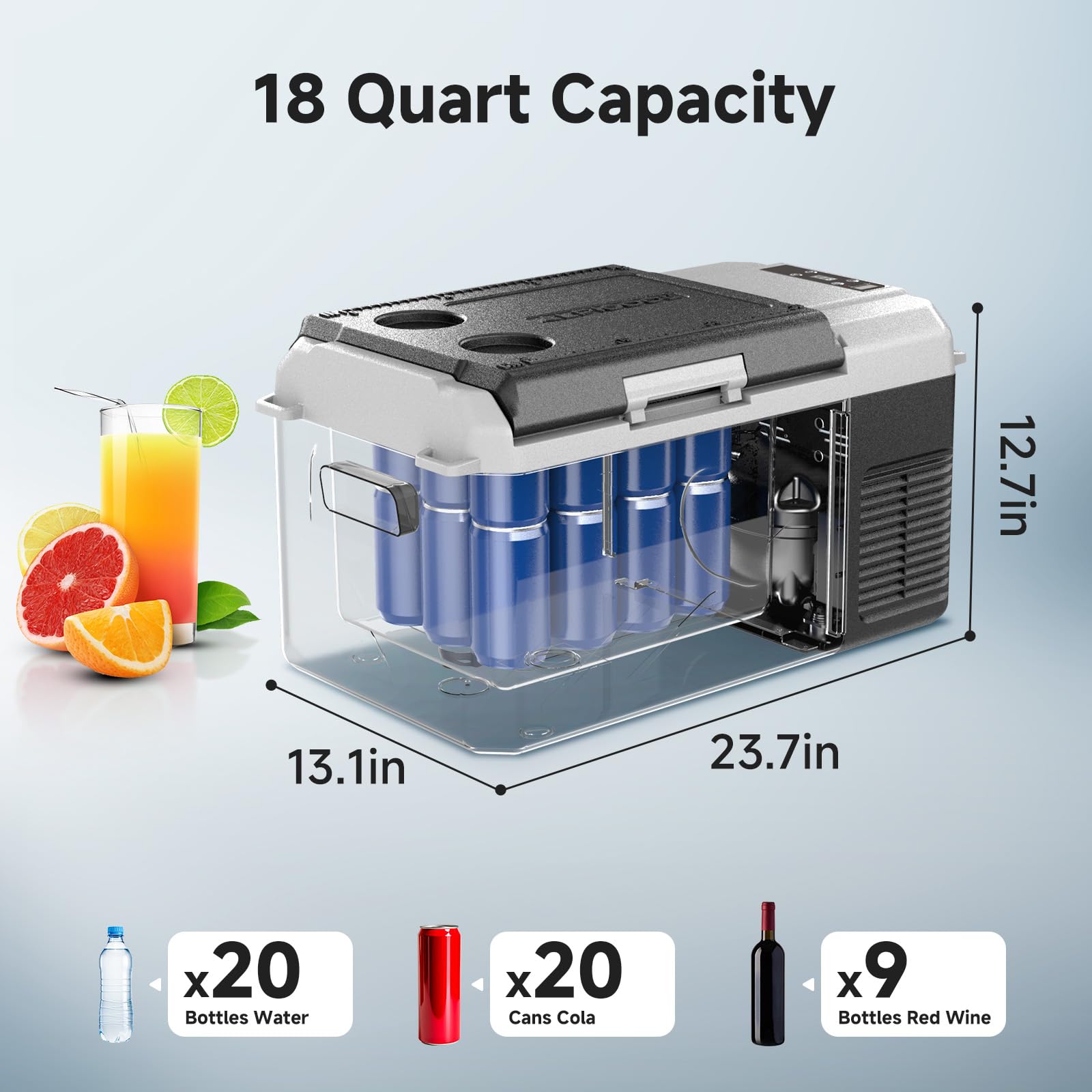 Bodegacooler 12 Volt Car Refrigerator, 18 Quart Portable Freezer, Car Fridge -4?-68?, Compressor Electric Cooler 12/24V Dc100-24