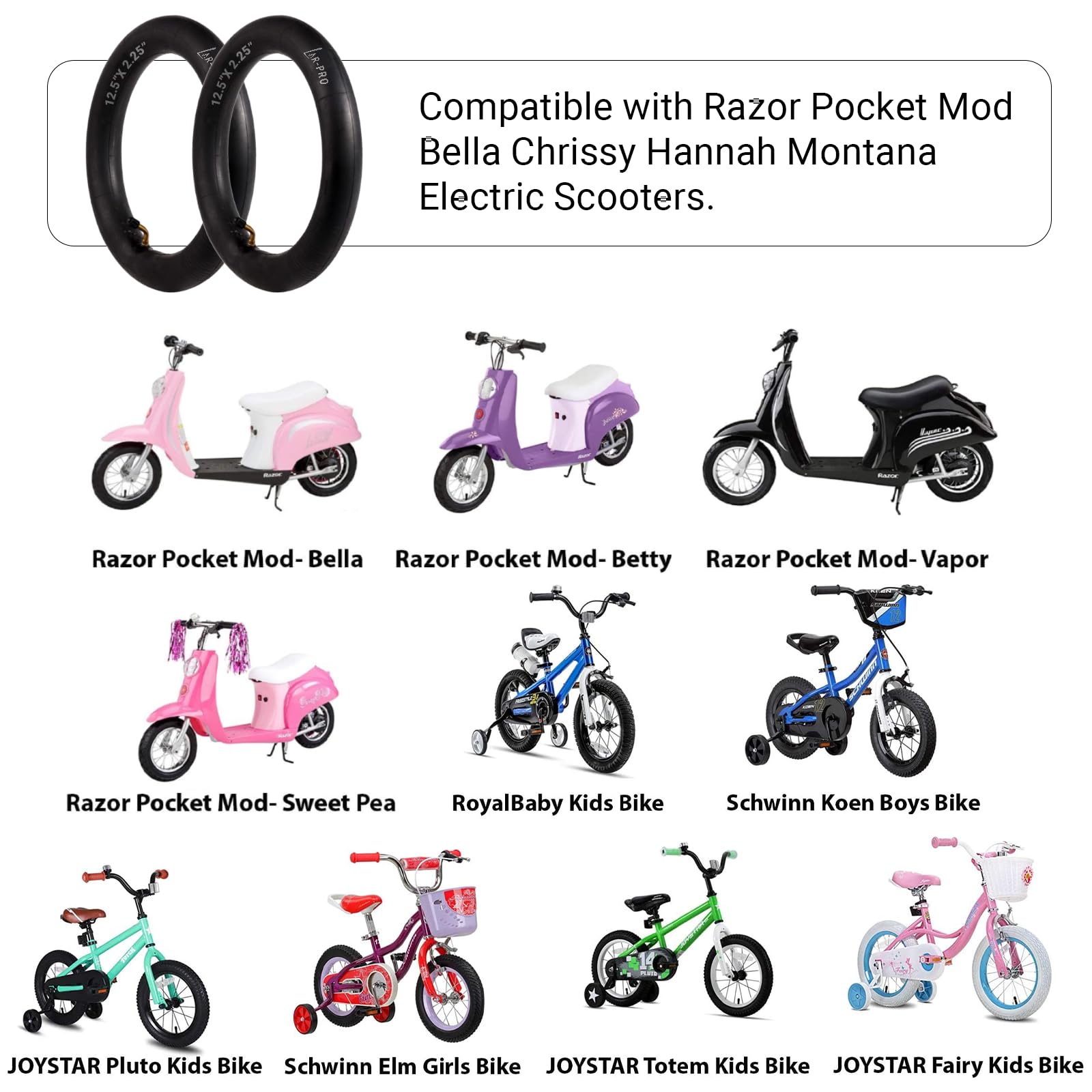 AR-PRO 12.5" x 2.25" Scooter Replacement Inner Tubes - Butyl Rubber, Angled Valve, 2 Pack with FREE Tire Levers