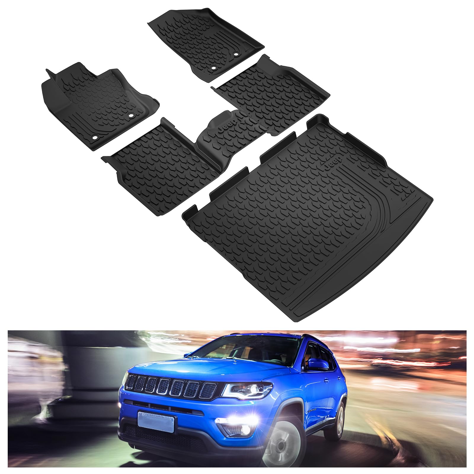 Kiwi Master Floor Mats & Cargo Liner For 2017-2025 Jeep Compass Oem Replacement 82214651 82214666 Front & 2Nd Row Seat Trunk All