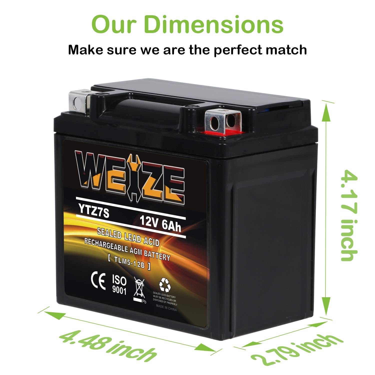 WEIZE YTZ7S-BS AGM Battery Replacement for Honda TRX450ER/TRX450R - 4.49x2.80x4.17 inches