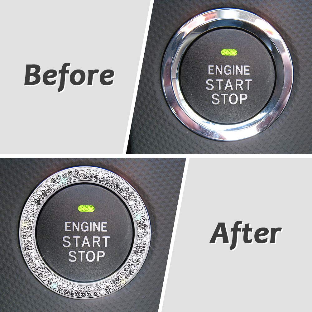 Tobequeen Teal Push Start Button Cover Emblem Sticker, Interior Crystal Diamond Rhinestone Blue Bling Car Starter Ring Decoratio