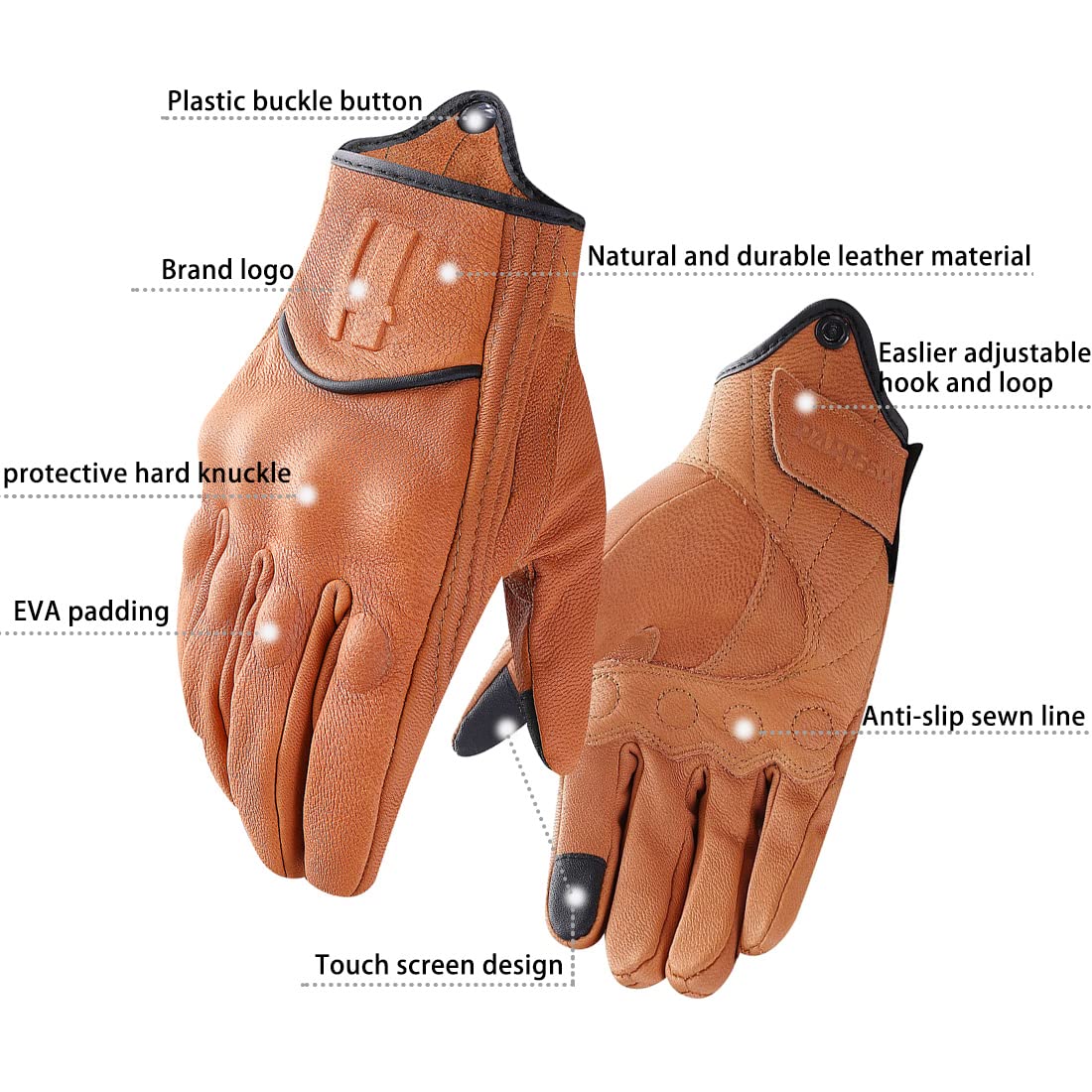 Harssidanzar Mens Full Finger Goatskin Leather Touchscreen Motorcycle Gloves Upgrade Gm028,Tan,Size L