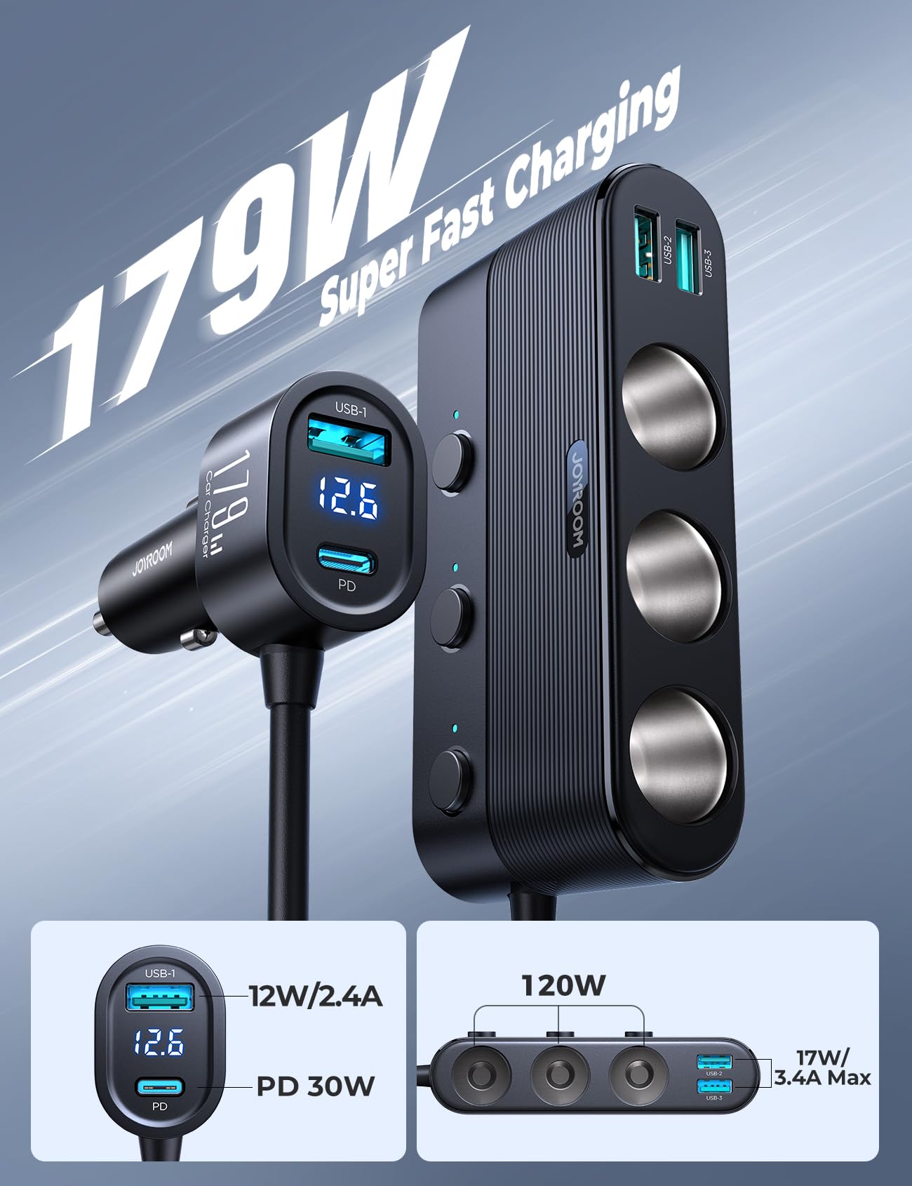 7 in 1 Cigarette Lighter Splitter, JOYROOM 139W Car Charger Adapter with PD30W Charge(3.3FT Cable), 24V/ 12V Car Splitter Adapte