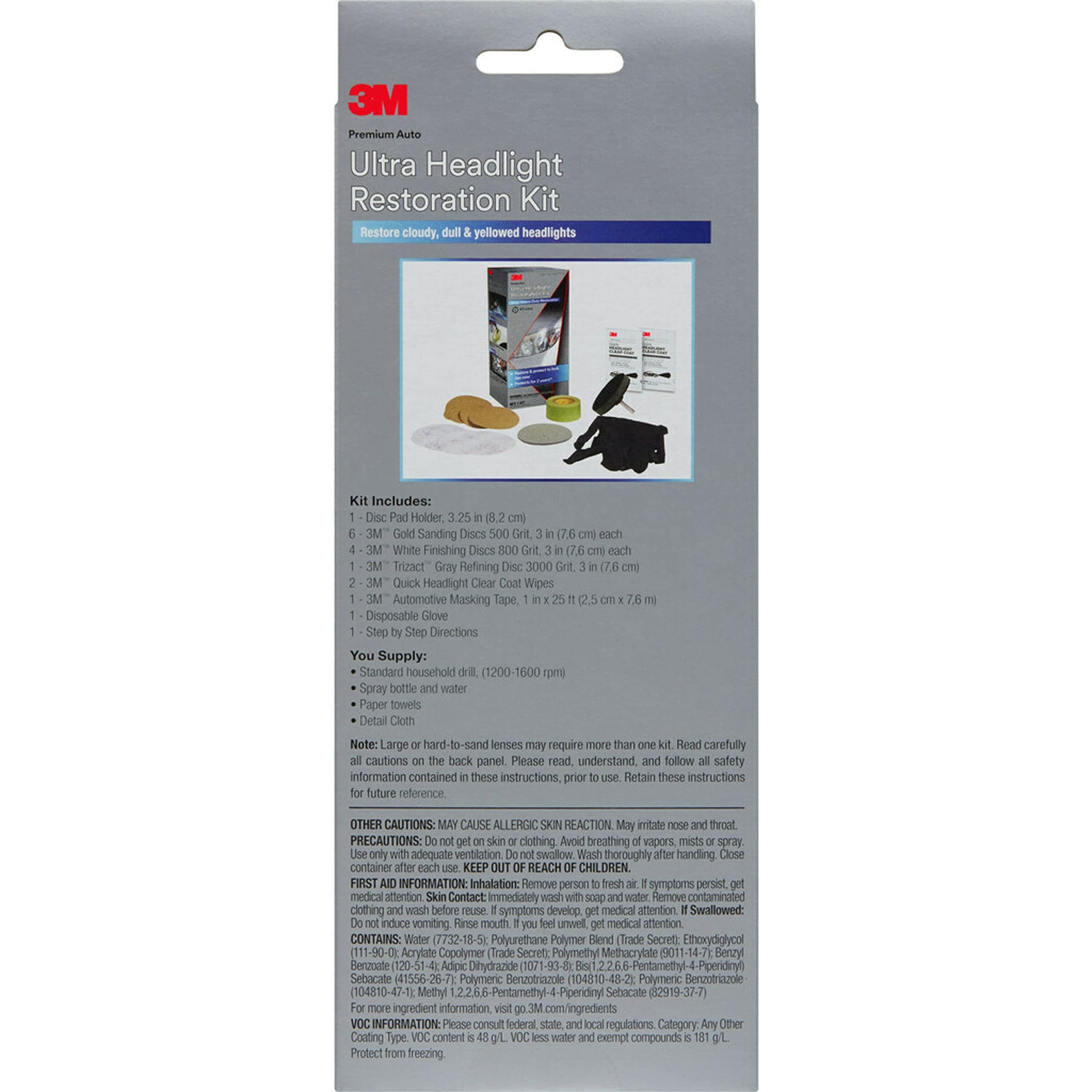 3M Ultra Headlight Restoration Kit - Includes Masking Tape, Sanding Discs, and Wax Protectant - Model 39195 - Heavy-Duty, Gray