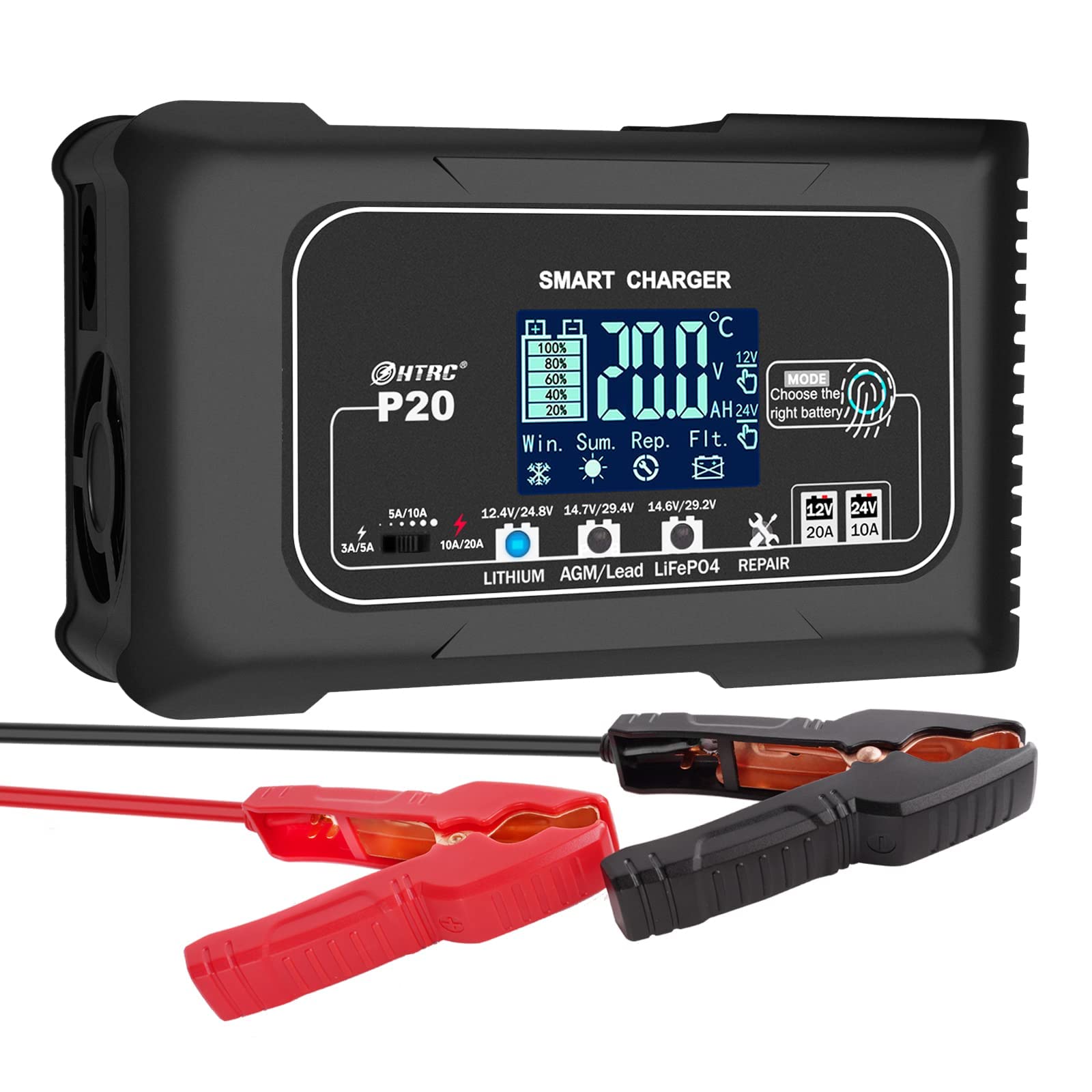 20-Amp Smart Battery Charger,Lithium,Lifepo4,Lead-Acid(Agm/Gel/Sla.) Car Battery Charger,Trickle Charger, Maintainer/Deep Cycle