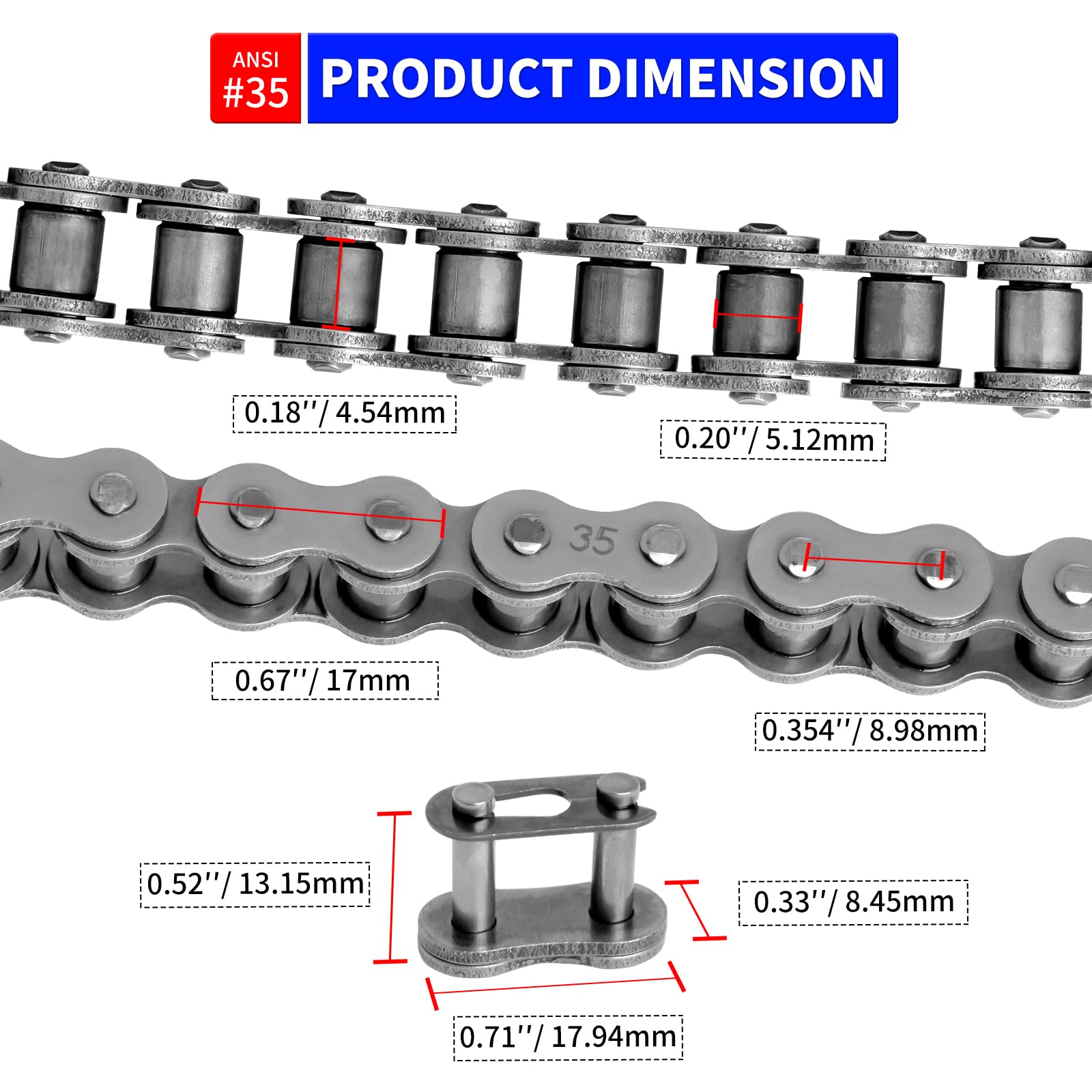 Belleone #35 Roller Chain - 3 Feet, 96 Links, Carbon Steel, 5 Master Links for Mini Bikes, Go Karts, Motorcycles, Bicycles, and Machinery