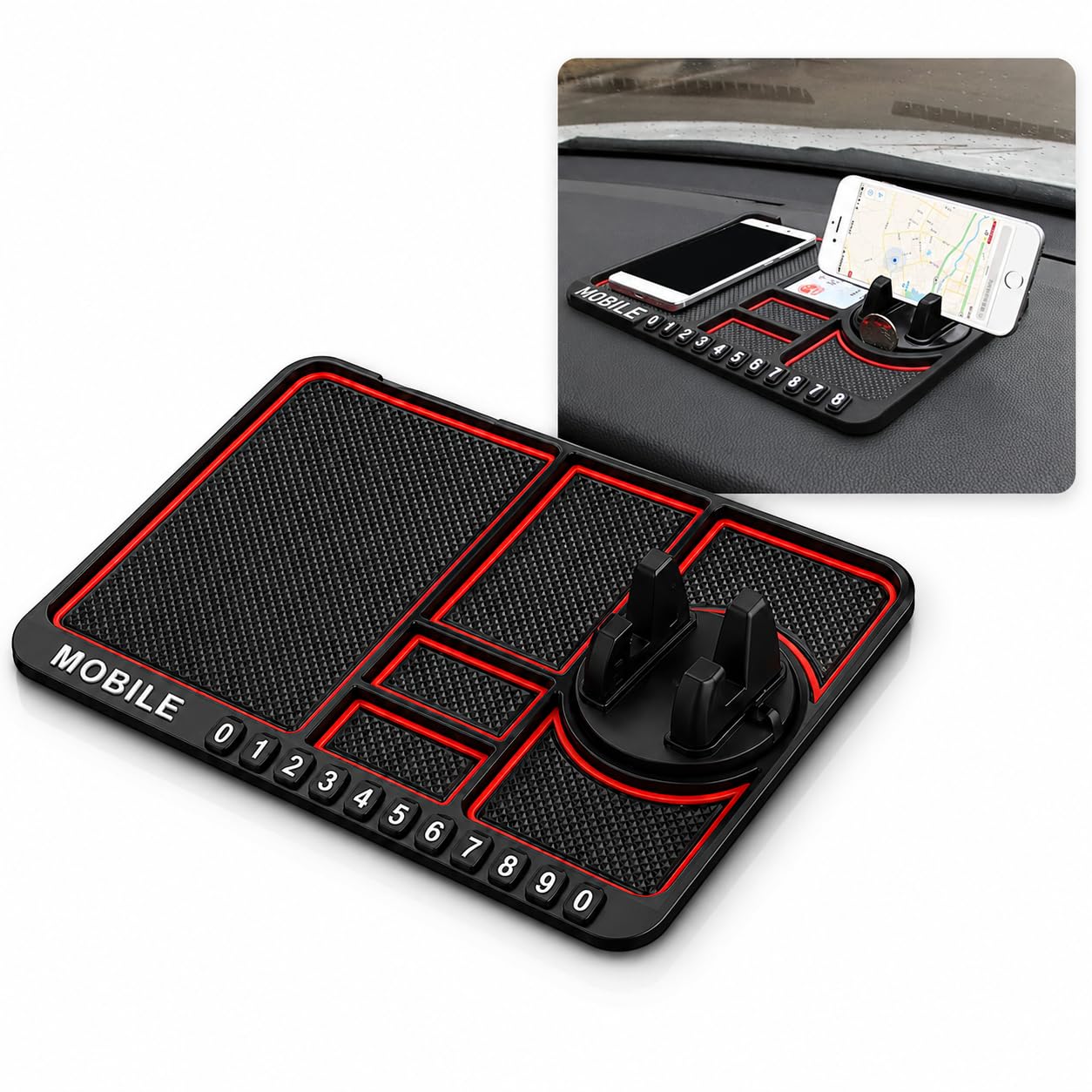PUJI Rubber Car Dashboard AntiSlip Mat with 360 Rotating Phone Holder, Parking Number Plate, Coin & Key Storage Pad, Universal 