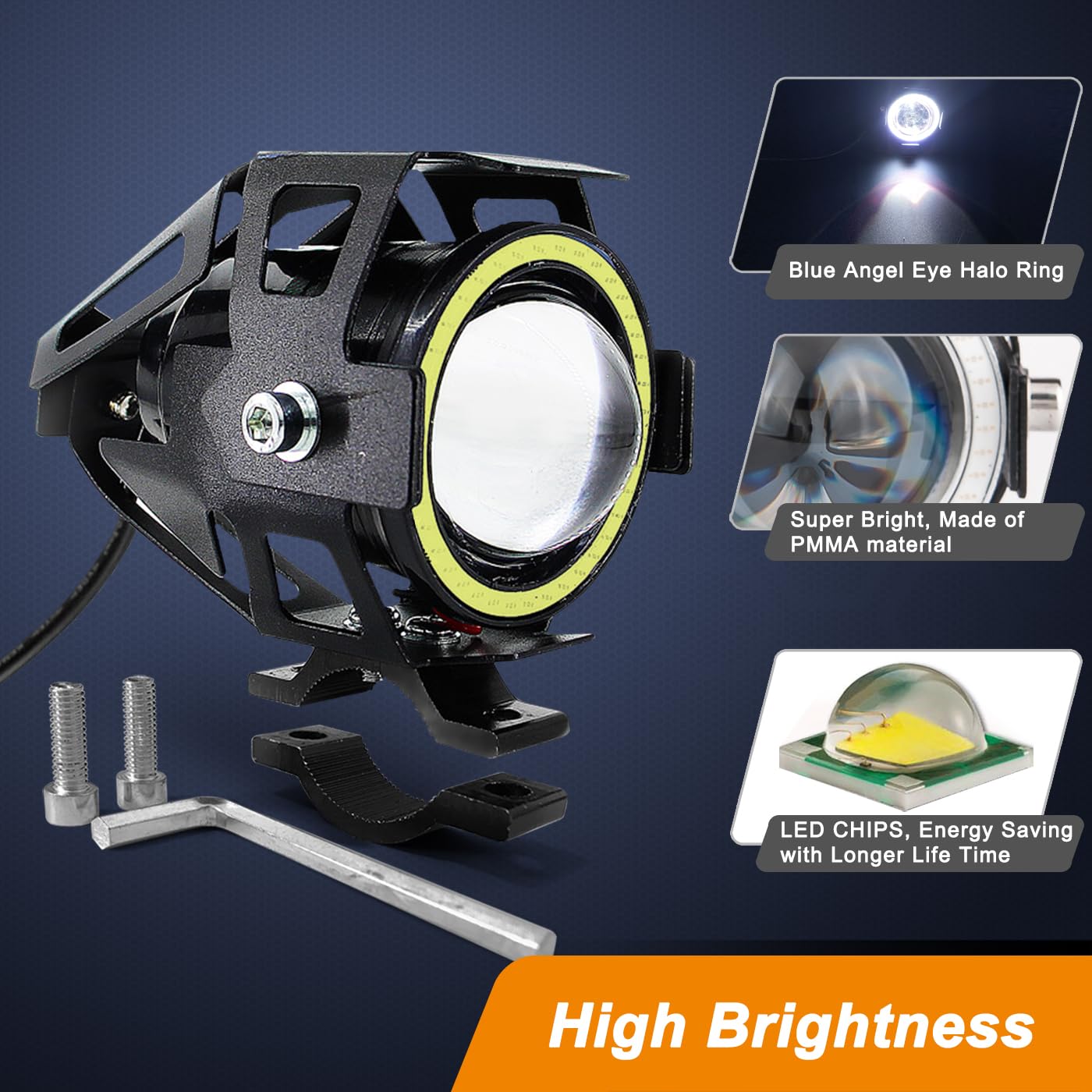 Motorcycle Led Fog Lights U7 Spotlight Daytime Running Lights With White Angel Eyes Halo Ring And Switch 2-Sets
