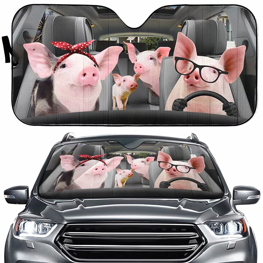 Pig Family Driver Car Front Window Sunshade, Animal Auto Sunshiled Blocks, Farm Pigs Universal Windshield Foldable Sun Shade Vis