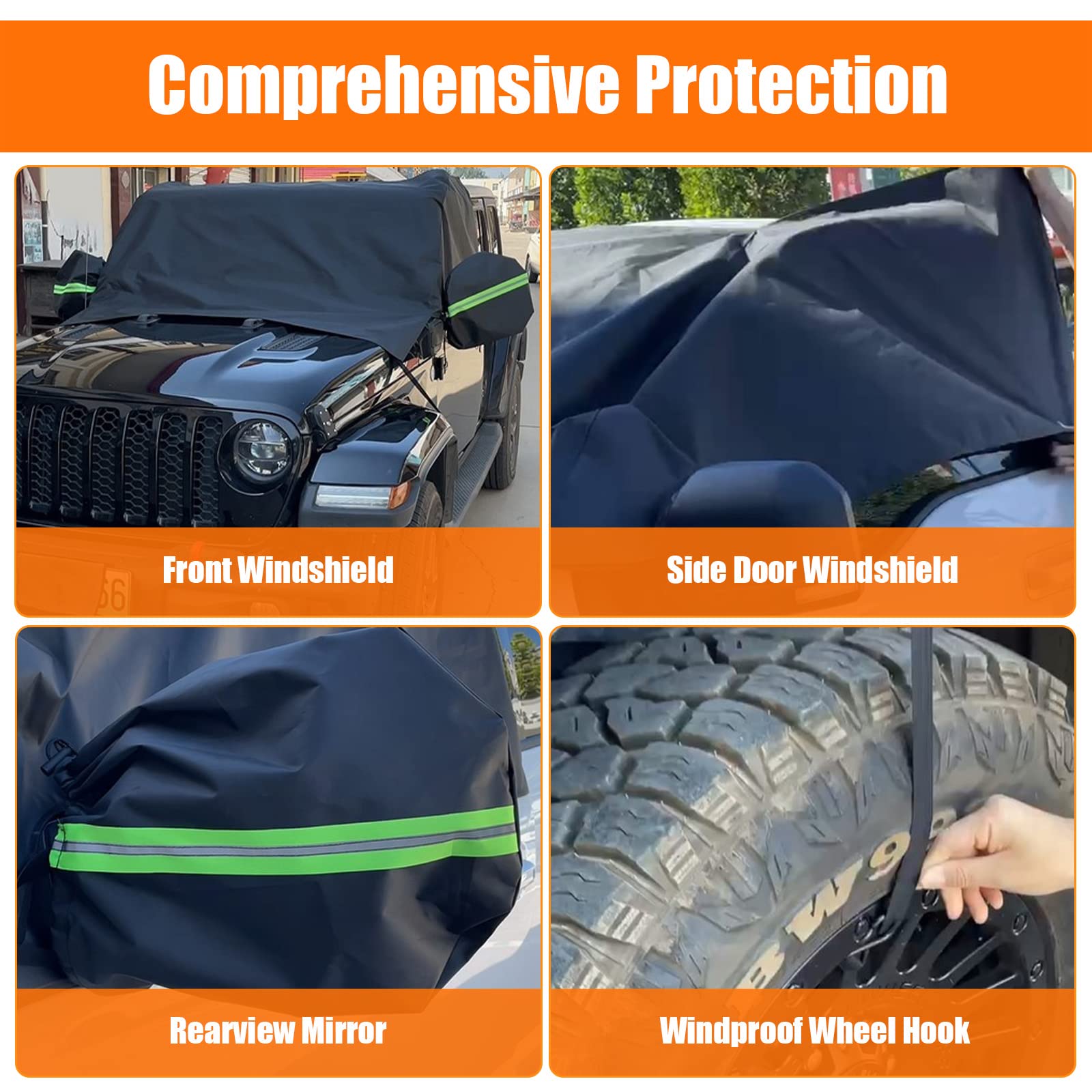 sportuli Windshield & Side Window Snow Cover for Jeep Wrangler, 600D Oxford Cloth, Black, Model ZFN0012