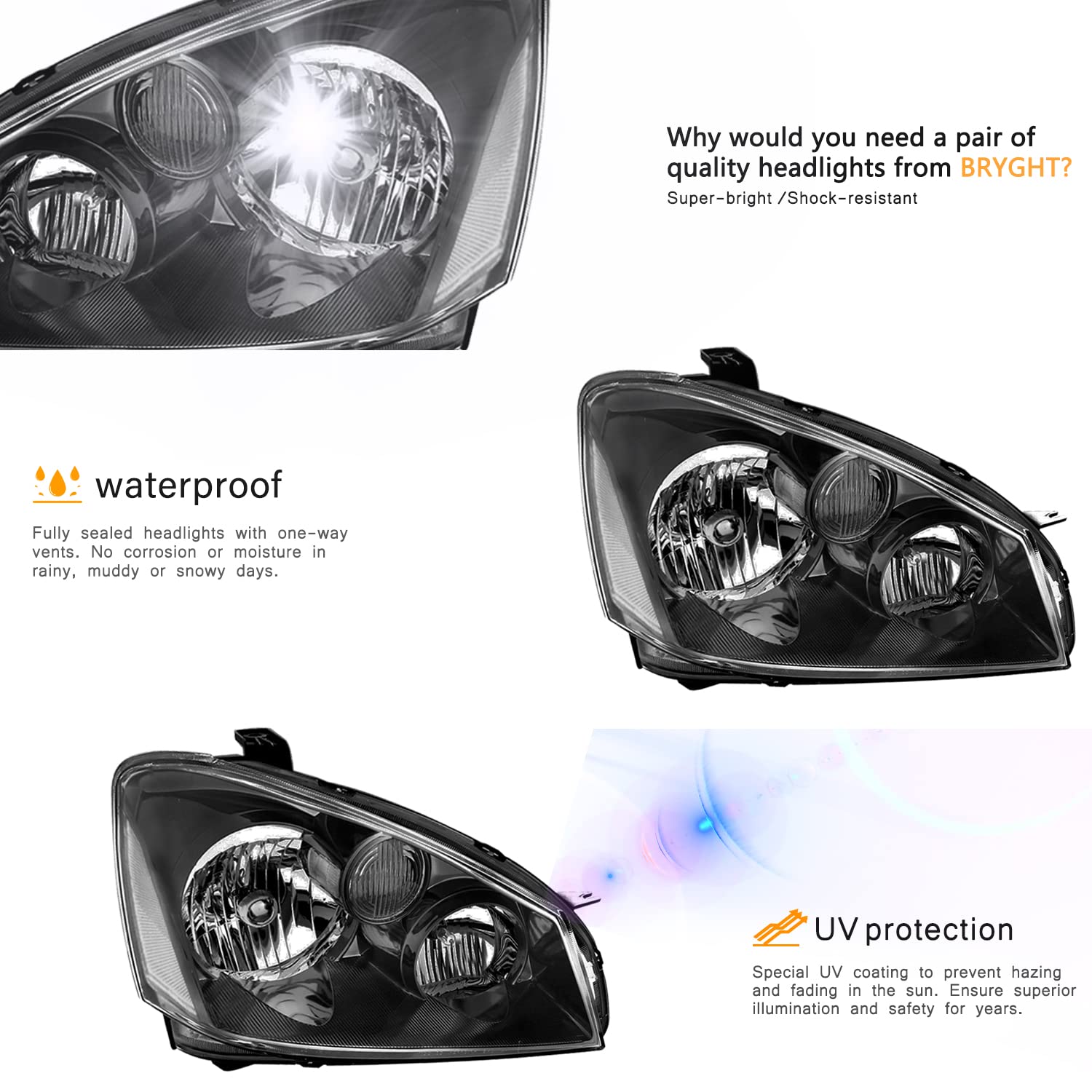 Bingbingmotor Headlight Assembly for 2005-2006 Nissan Altima, Black Housing with Clear Reflector, Driver & Passenger Side Replacement