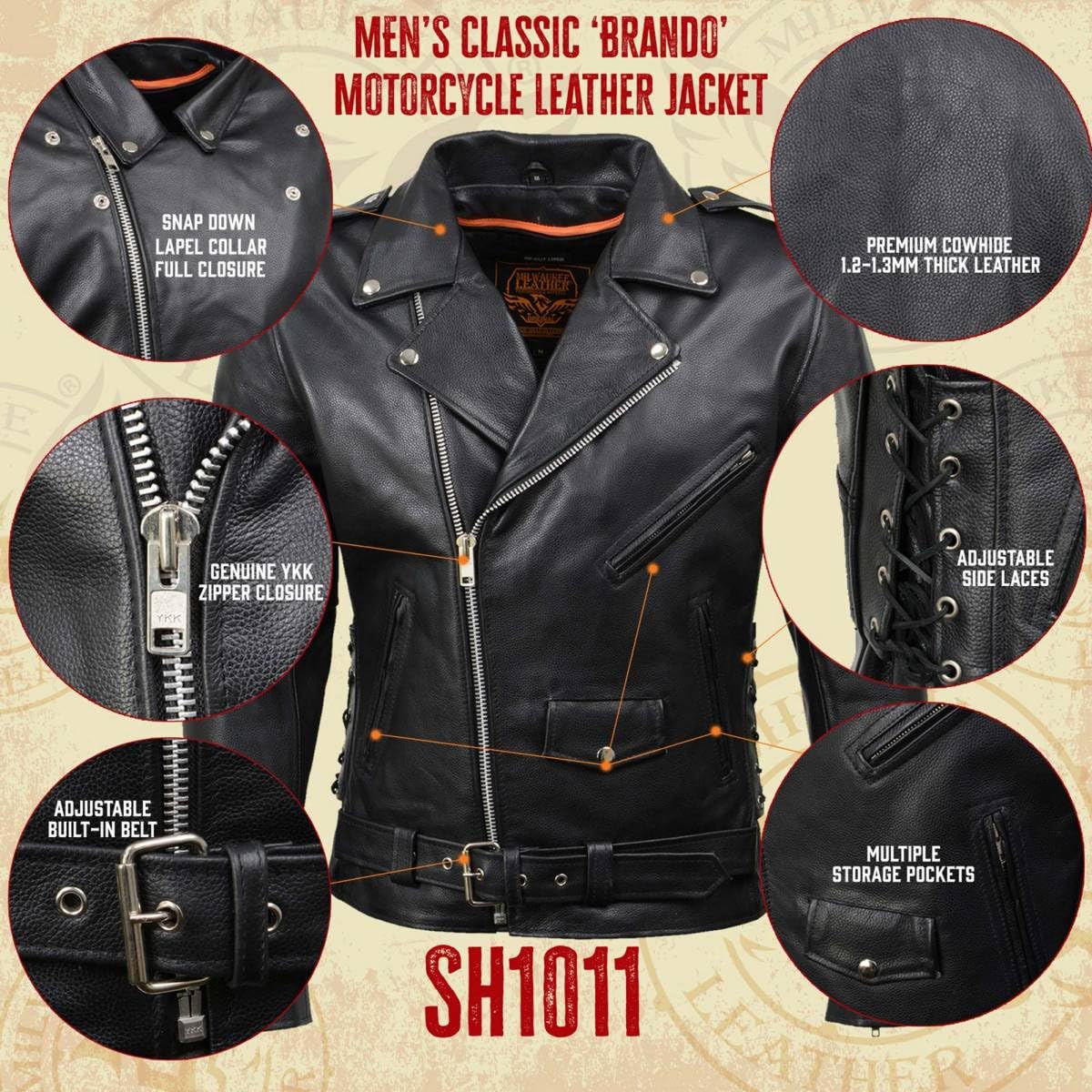 Milwaukee Leather Sh1011 Black Classic Brando Motorcycle Jacket For Men Made Of Cowhide Leather W/Side Lacing - 5X-Large