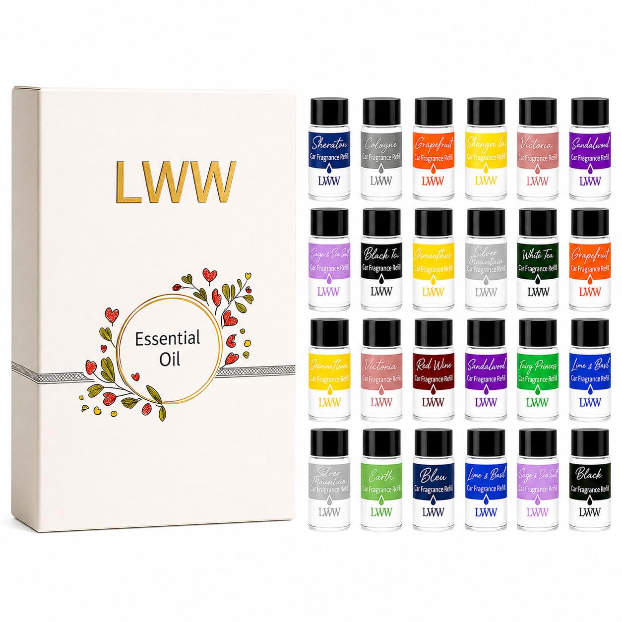 Stewerom Car Air Freshener Diffuser Refills, 24 PCS 10ml Essential Oils Mixed Fragrance Set, Long Lasting Car Fragrance Oil Repl