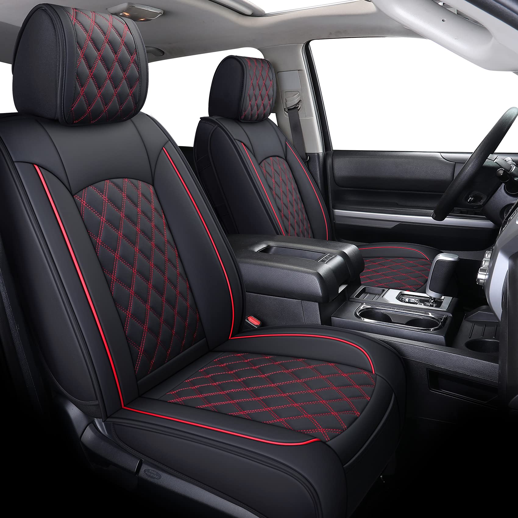 YIERTAI Truck Seat Covers for Toyota Tundra 2008-2025, Faux Leather, Waterproof, Black-Red, 2 PCS Front Only