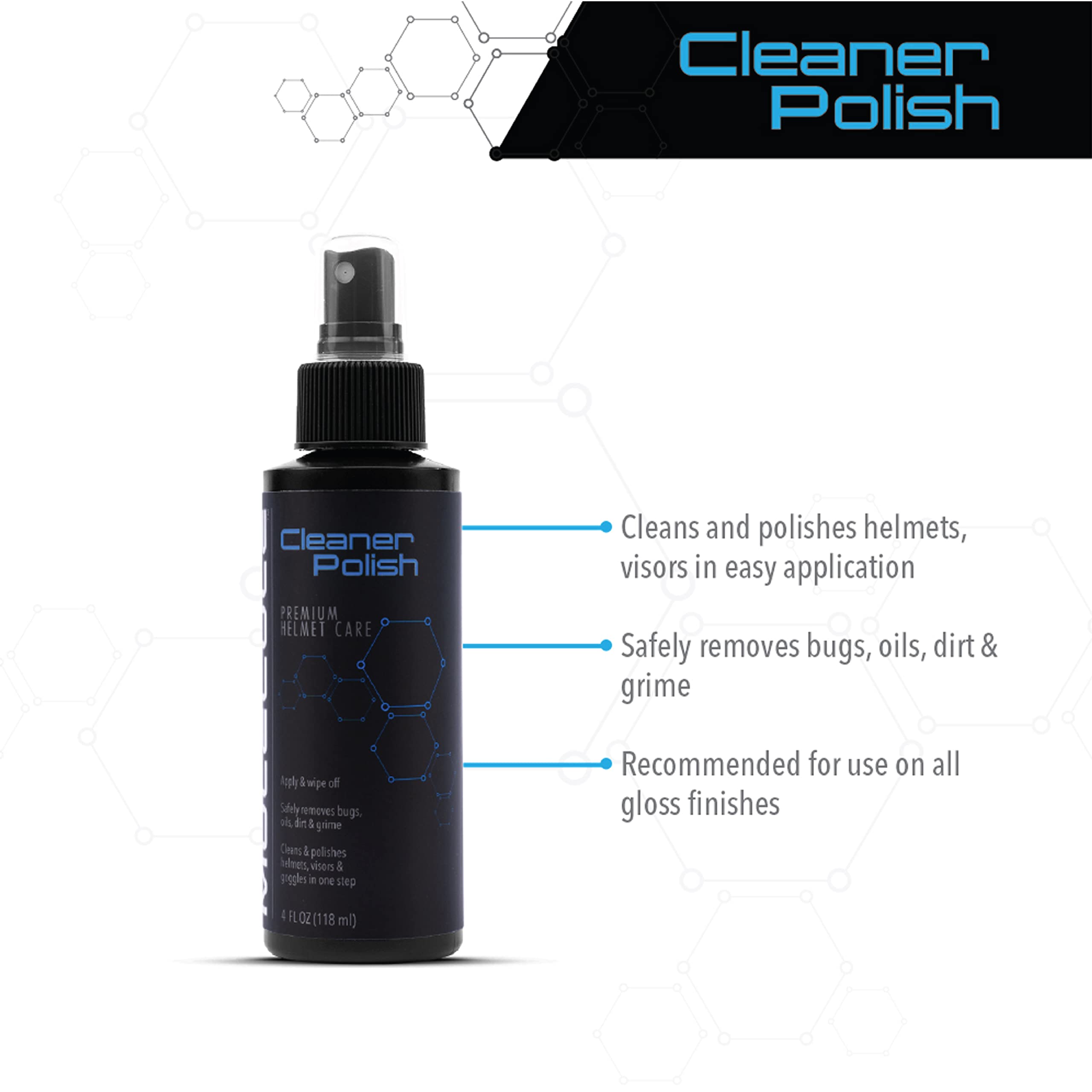 Molecule Helmet Cleaner Polish, Premium Helmet Care, Helmets, Visors, And Goggles, For Gloss Finishes, 4 Ounces