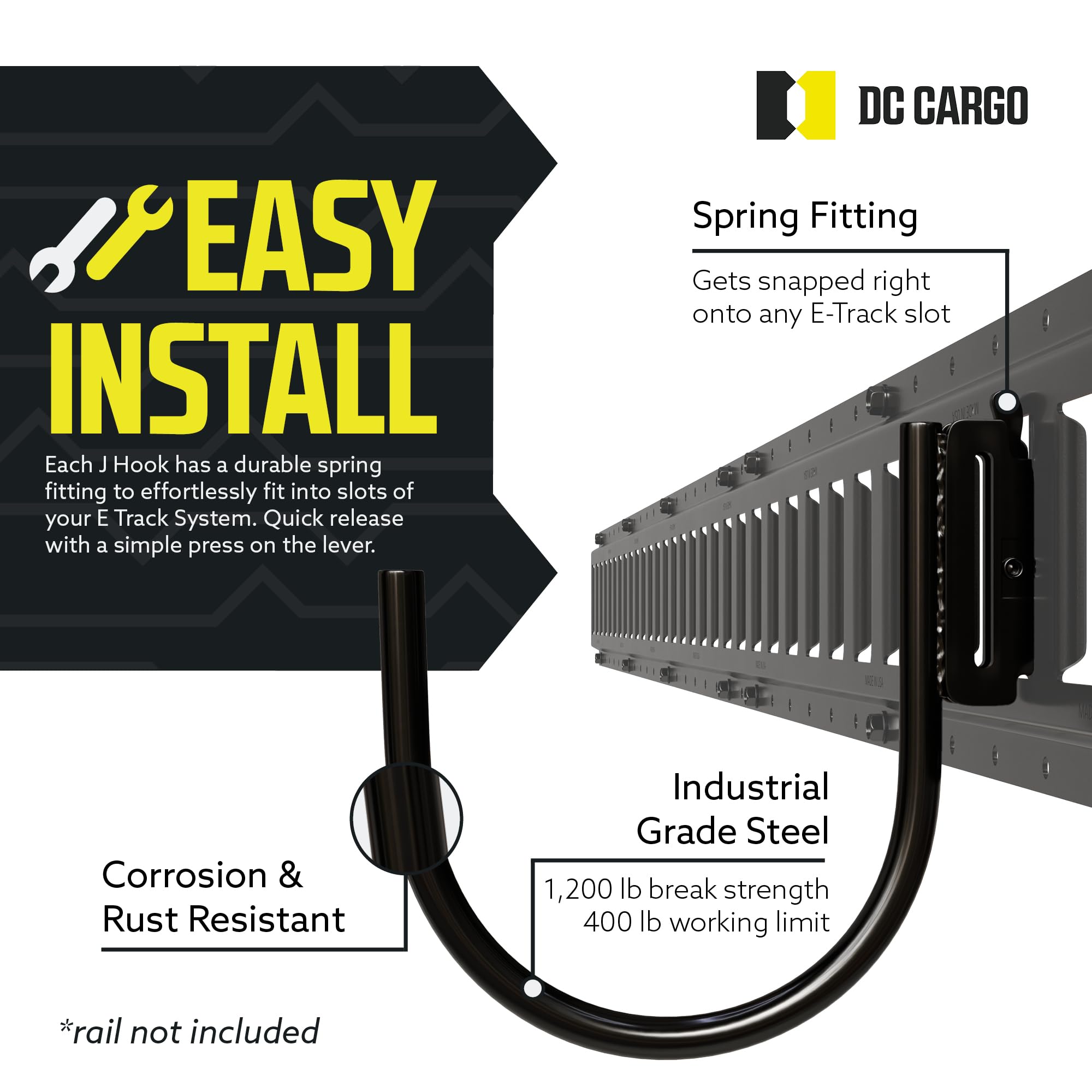 Dc Cargo - E Track J Hooks (4.5'' - 4 Pack) - Large Heavy Duty Accessories - Hanging Hook For Your Etrack Rail System - Use In E