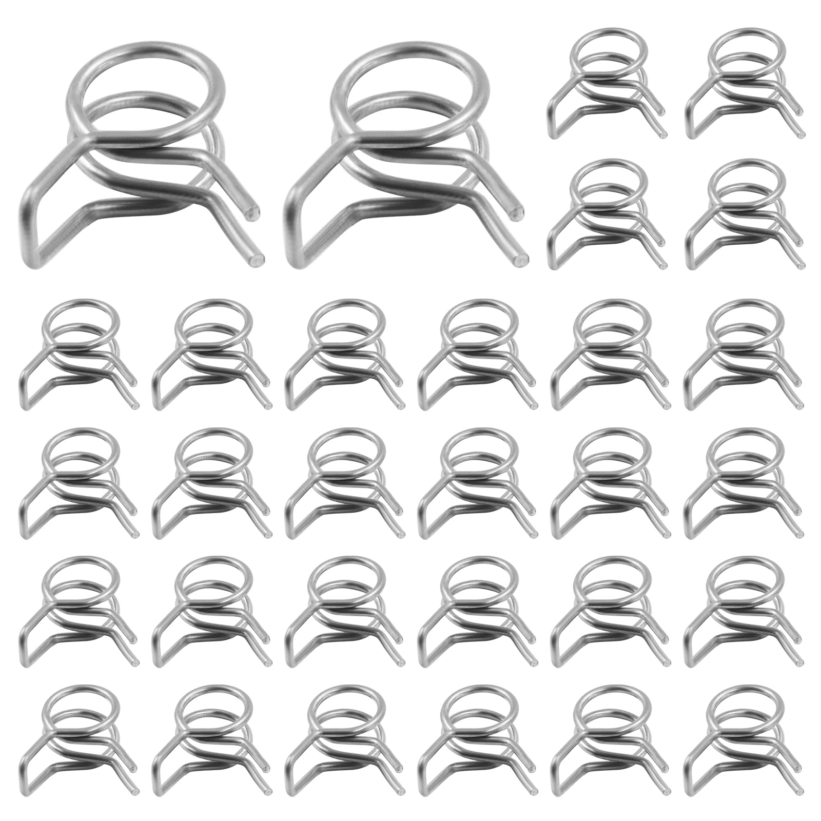 BokWin 30 Pack 7mm Inner Dia Double Wire Spring Hose Clamp, Adjustable Spring Clips, Stainless Steel for Hose, Fuel Line, Water 