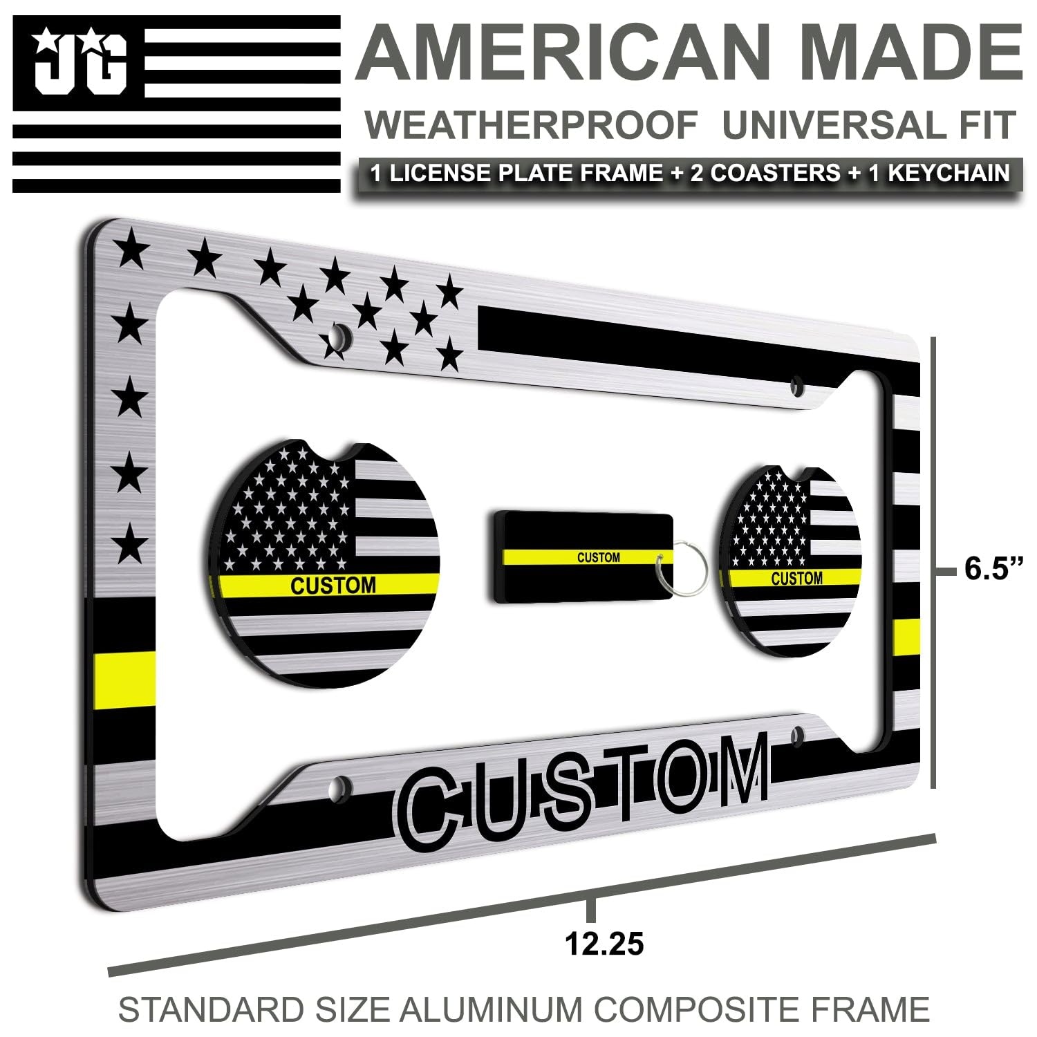 Thin Yellow Line - Personalized American Flag License Plate Frame + 2 Coasters And A Keychain