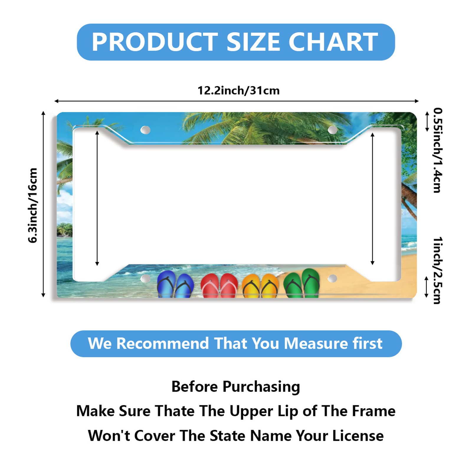 Hawaii Beach Flip Flops License Plate Frame Palm Tree For Car Decorative Parts Stainless Steel Rustproof License Plate For Stand