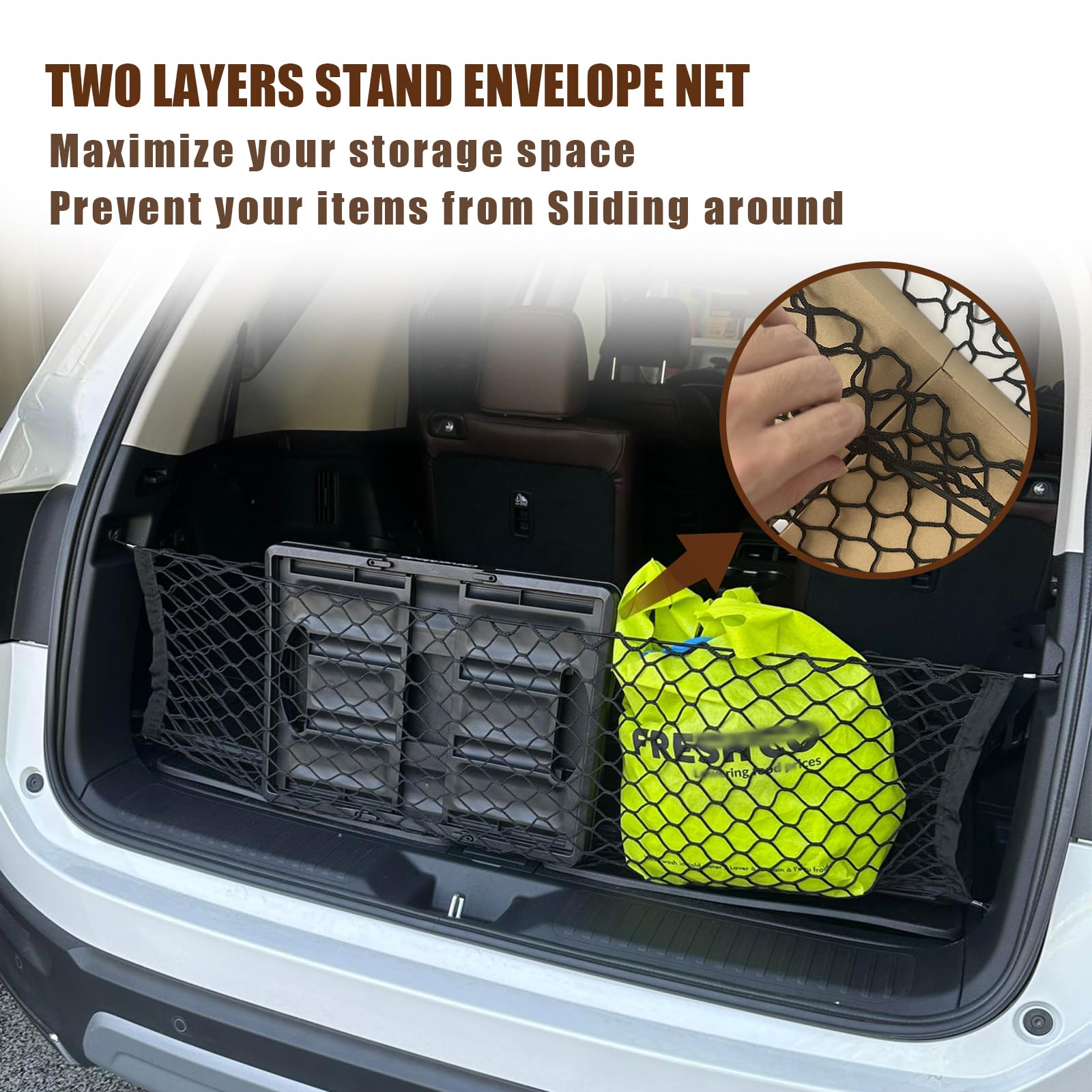 Muslogy Rear Trunk Cargo Net Organizer for Honda Pilot 2023+ | Stretchable Elastic Mesh | Black | Model MUS-PILOTCN