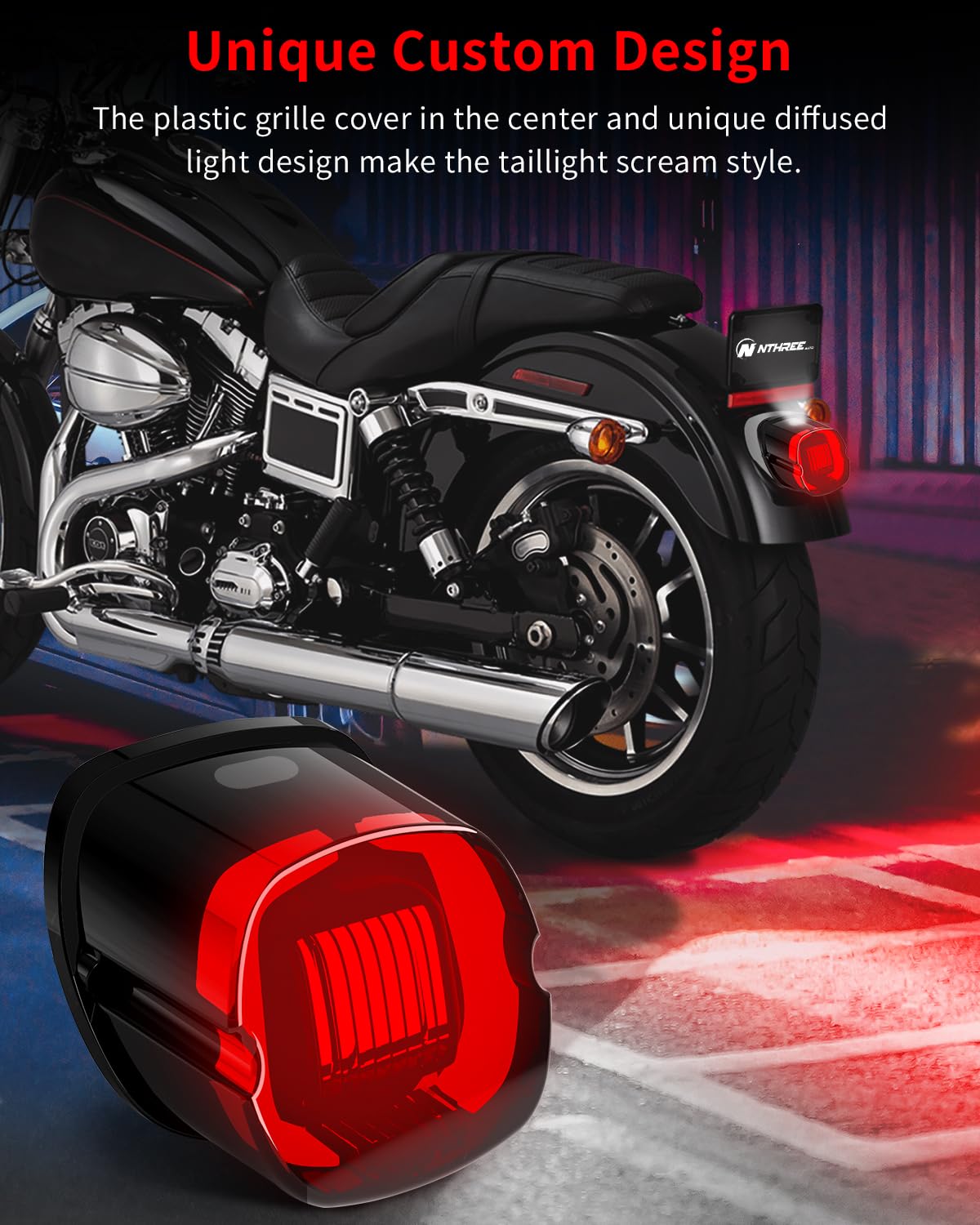 NTHREEAUTO Smoked LED Strobe Brake Tail Light for Harley Dyna, Road King, Electra Glide - Red ABS Taillight