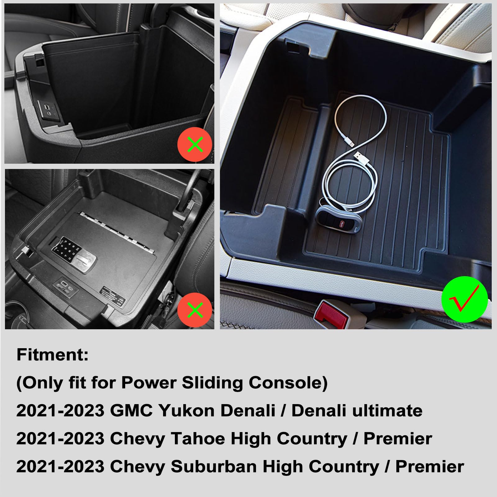 Neepiar Center Console Organizer Tray for 2021-2025 GMC Yukon Denali & Chevy Suburban/Tahoe - Black ABS Plastic, Model NP-YuKon-ARMREST-DD