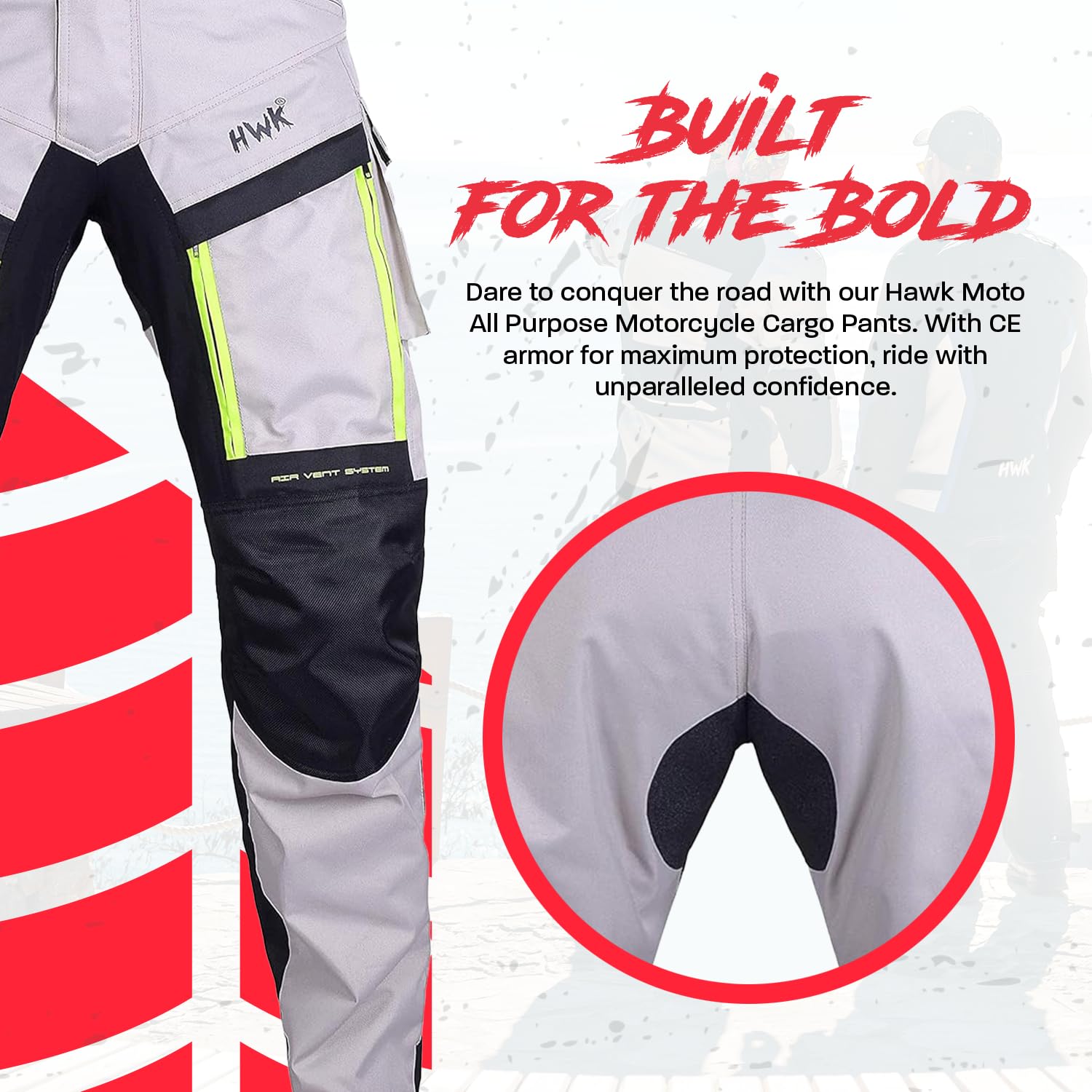 HWK Motorcycle Pants - Waterproof Cargo Work Pants for Men, Hi-Vis, Waist 32''-34'', Inseam 30'', All-Purpose G-1 Model, Silver
