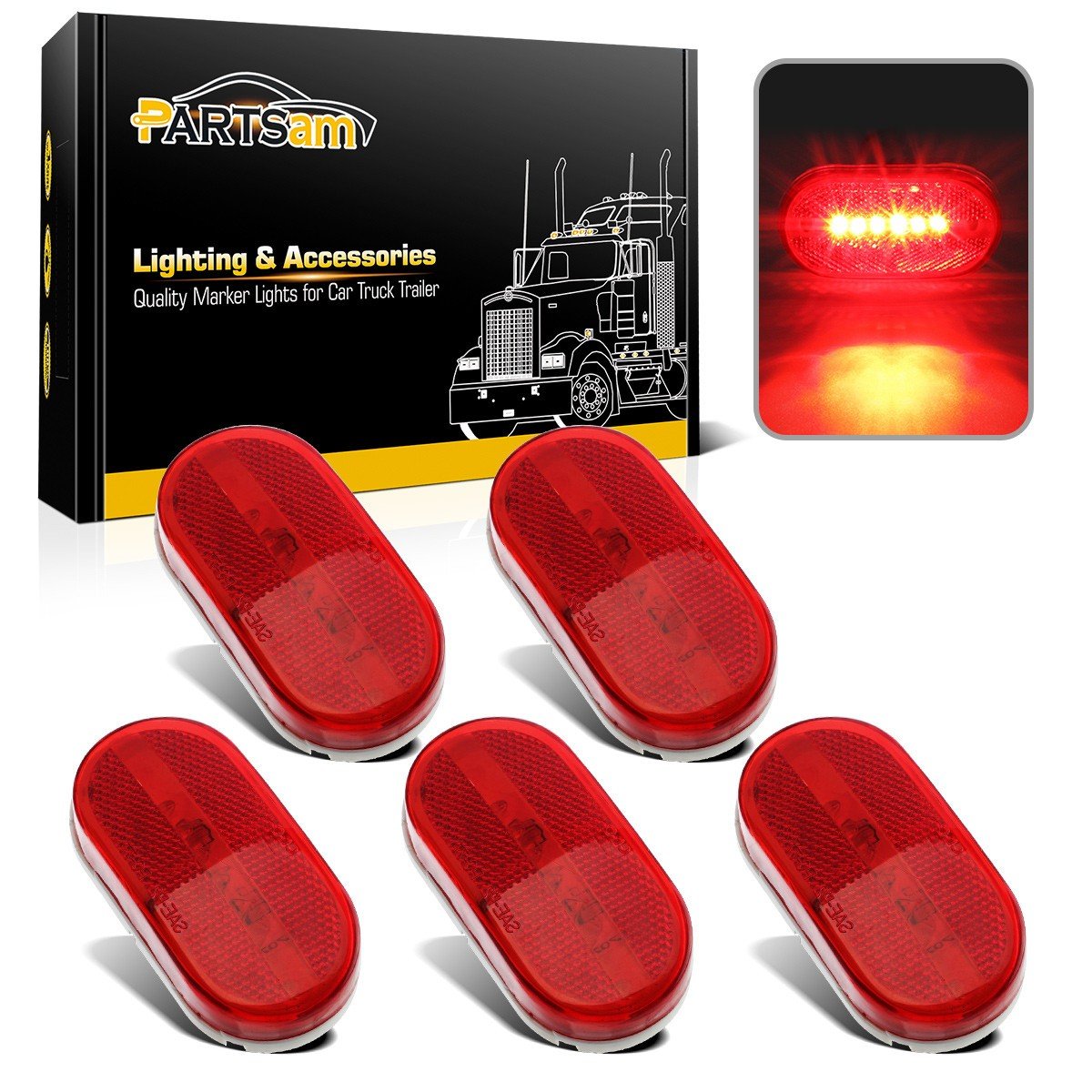 Partsam 5Pcs 12V 4 Inch Oblong Red Side Marker Clearance Lights 6 Diodes With Reflex Lens [Dot Certified] Surface Mount 2X4 Rect