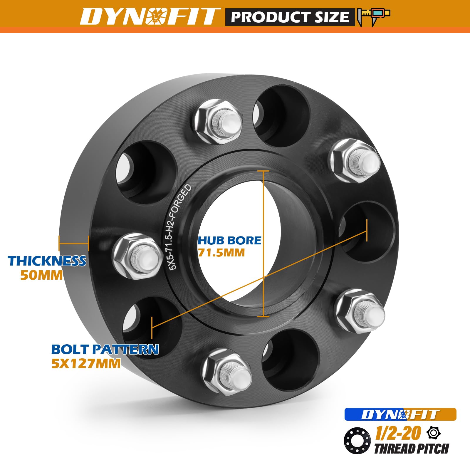 dynofit 5x5 Wheel Spacers 2in Hub-Centric 71.5mm, 6061-T6 Aluminum, Black, Model FF-6307BK, 4