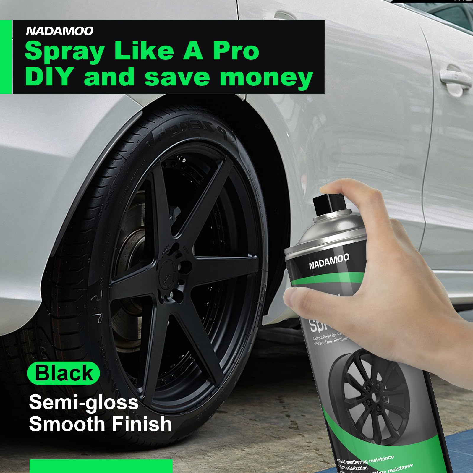 Nadamoo Aluminum Wheel Spray Paint, Car Rim Aerosol Paint For Recolor And Protection Of Metal Surface, Semi-Gloss Black, 4 Cans,