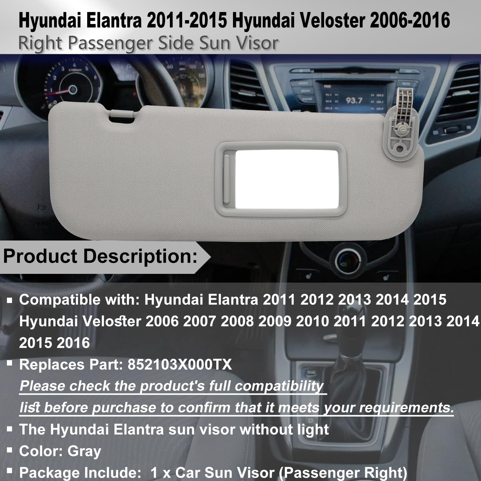 Crazyparts Passenger Right Side Sun Visor Compatible With Hyundai Elantra 2011-2015 Hyundai Veloster 2006-2016 Replacement Oem N