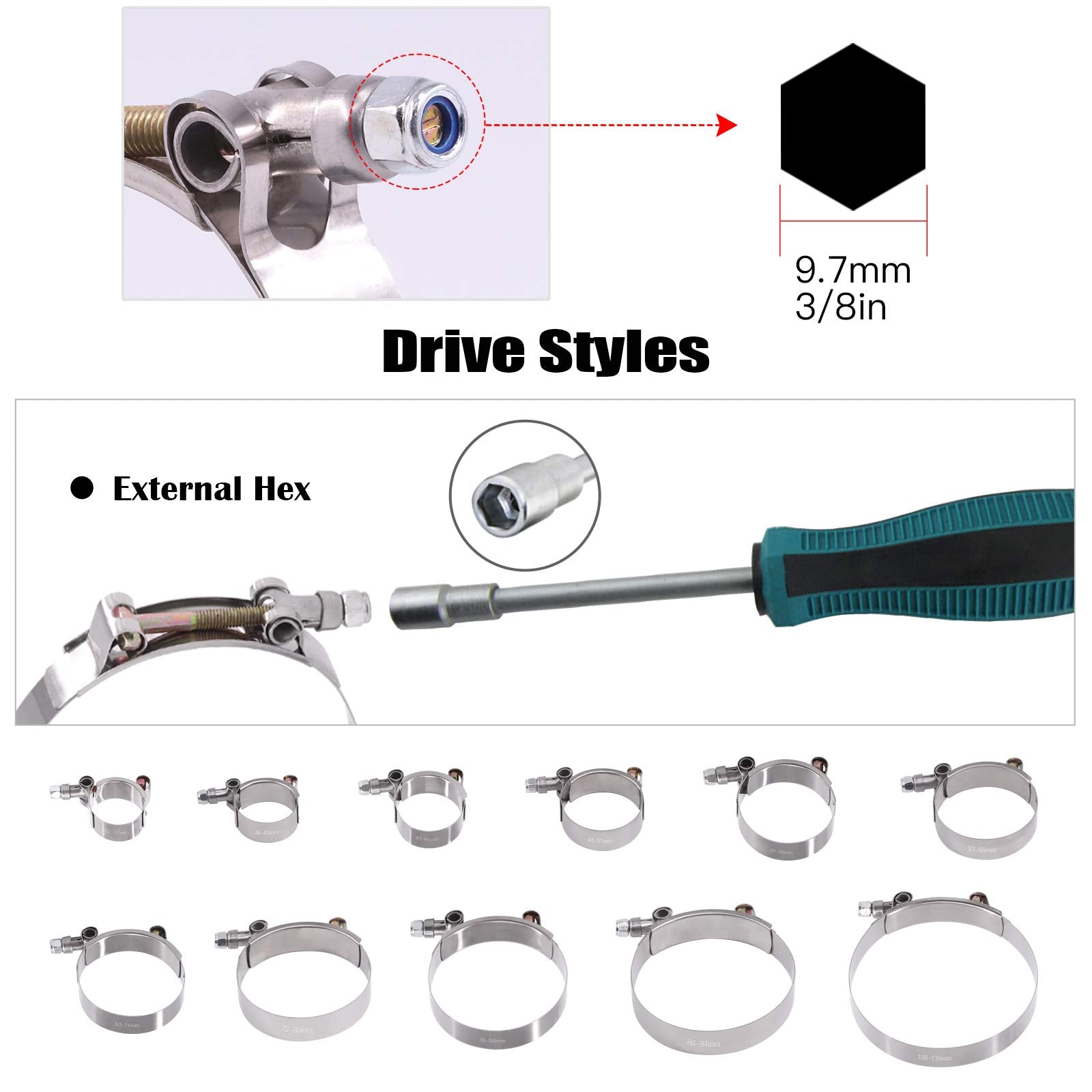 Glarks 12Pcs 51-59Mm Stainless Steel T-Bolt Hose Clamps Turbo Intake Soft Hose Intercooler Clamps