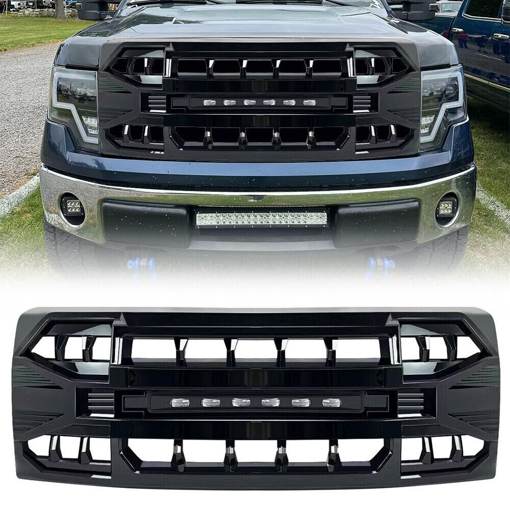 MEGAIE Front Grill Compatible with F150 2009-2014, Glossy Black Bumper Grille w/Off-Road Lights