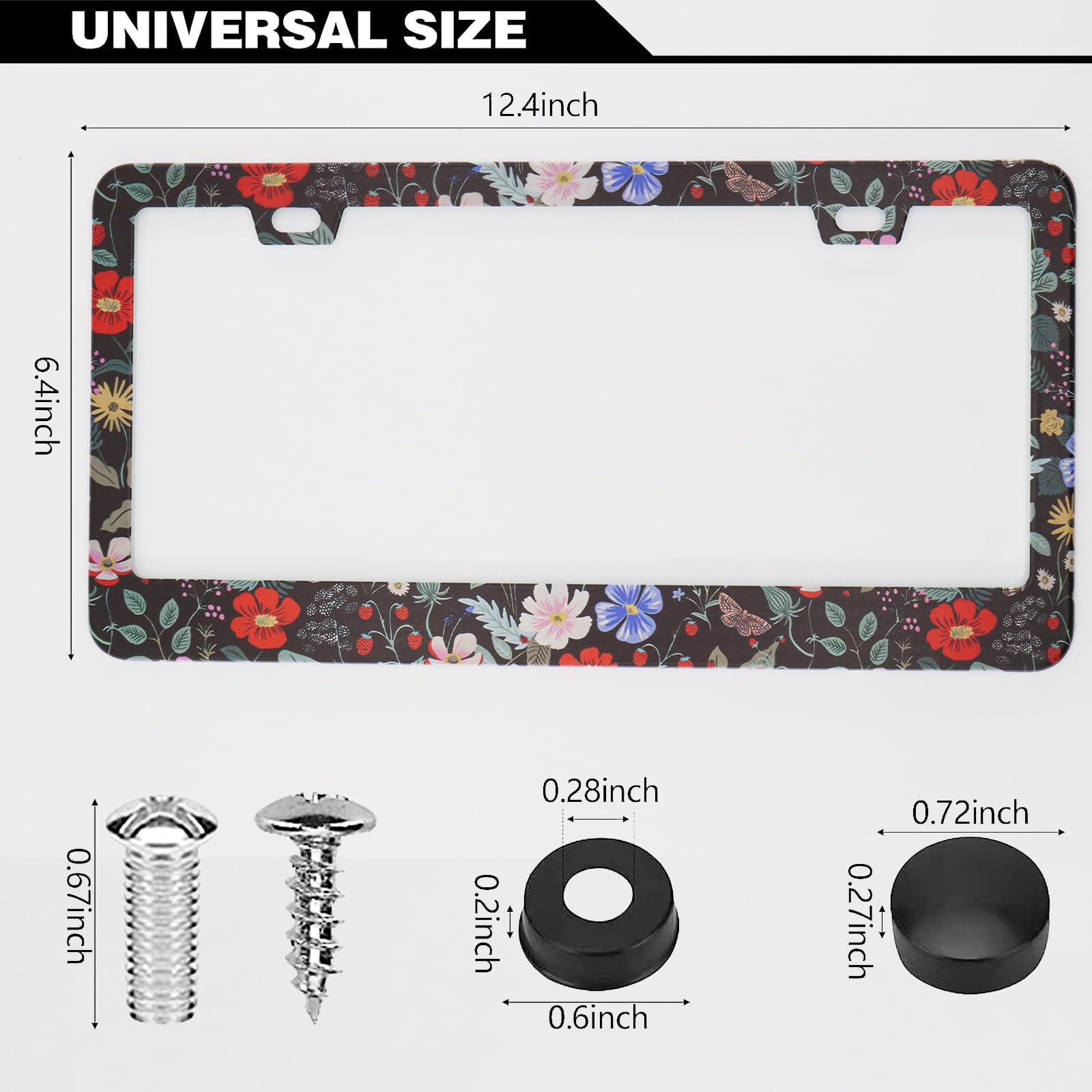 Floral Flowers Strawberries License Plate Frames, 2 Pack Floral Strawberry Car Plate Frame, Stainless Steel License Plate Holder