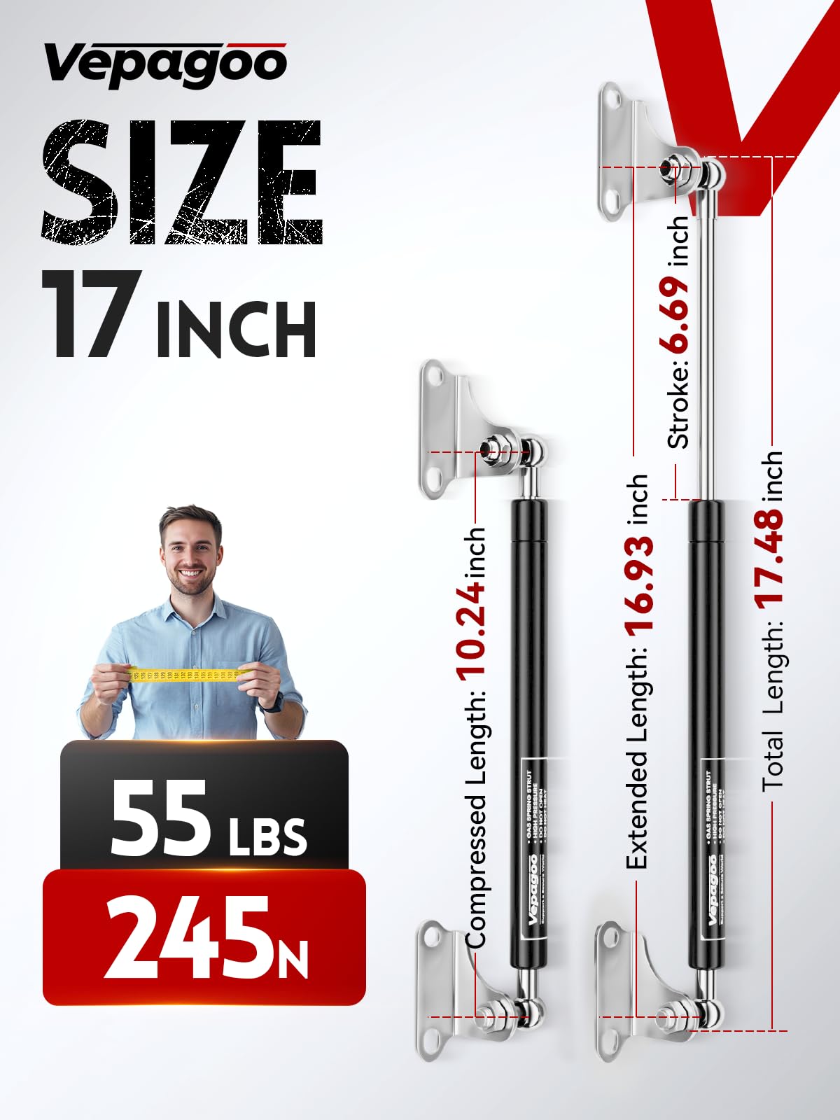 Vepagoo Gas Struts 17 Inch 55Lb/245N Shock With Mounting Brackets, Lift Supports For Tool Box Boat Hatch Rv Bed Cabinet Cover Do