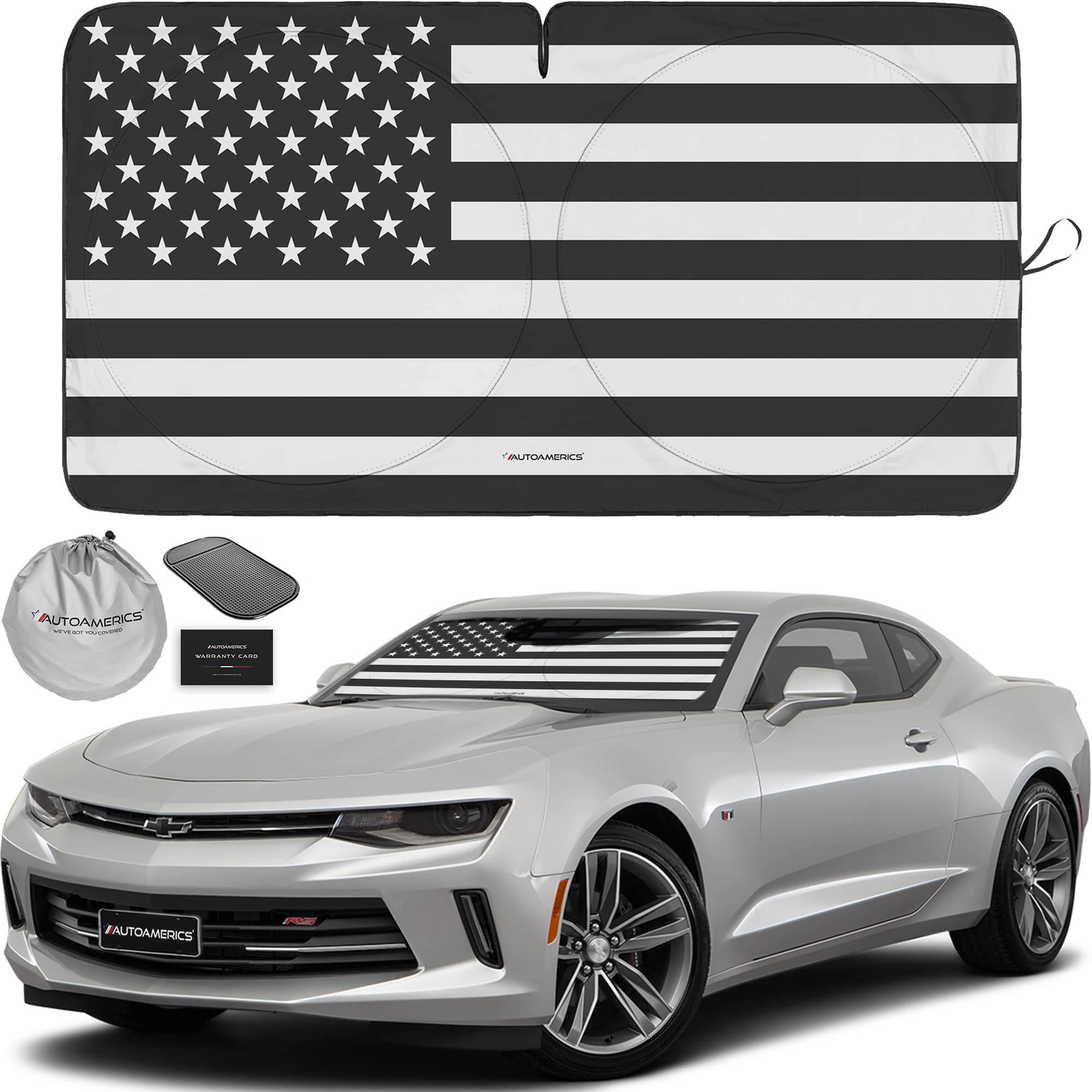 Autoamerics 1-Piece Windshield Sun Shade B&W American Flag Usa Patriotic Design - Foldable Car Front Window Sunshade For Most Se