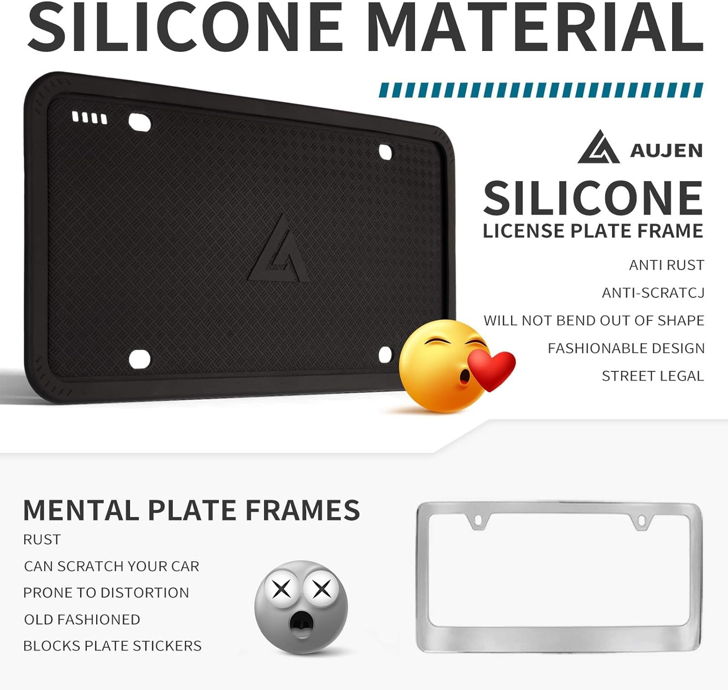 Aujen Silicone License Plate Frames Black, 2 Pack Car License Plate Frame, Universal US Car Black License Plate Holders Brackets
