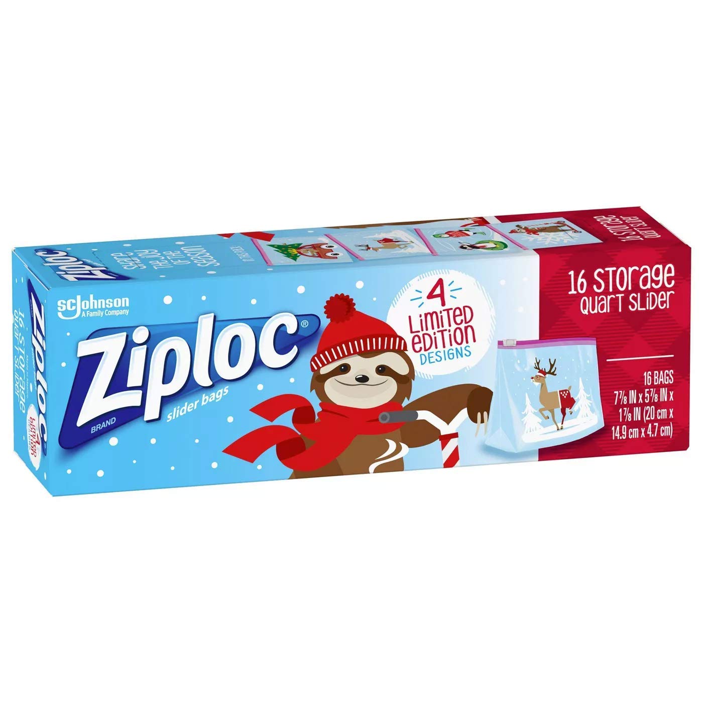 SC Johnson Ziploc Quart Food Storage Slider Bags, 16 Count, Power Shield Technology, Clear, 7.87x5.86x1.85 Inch, Holiday Designs