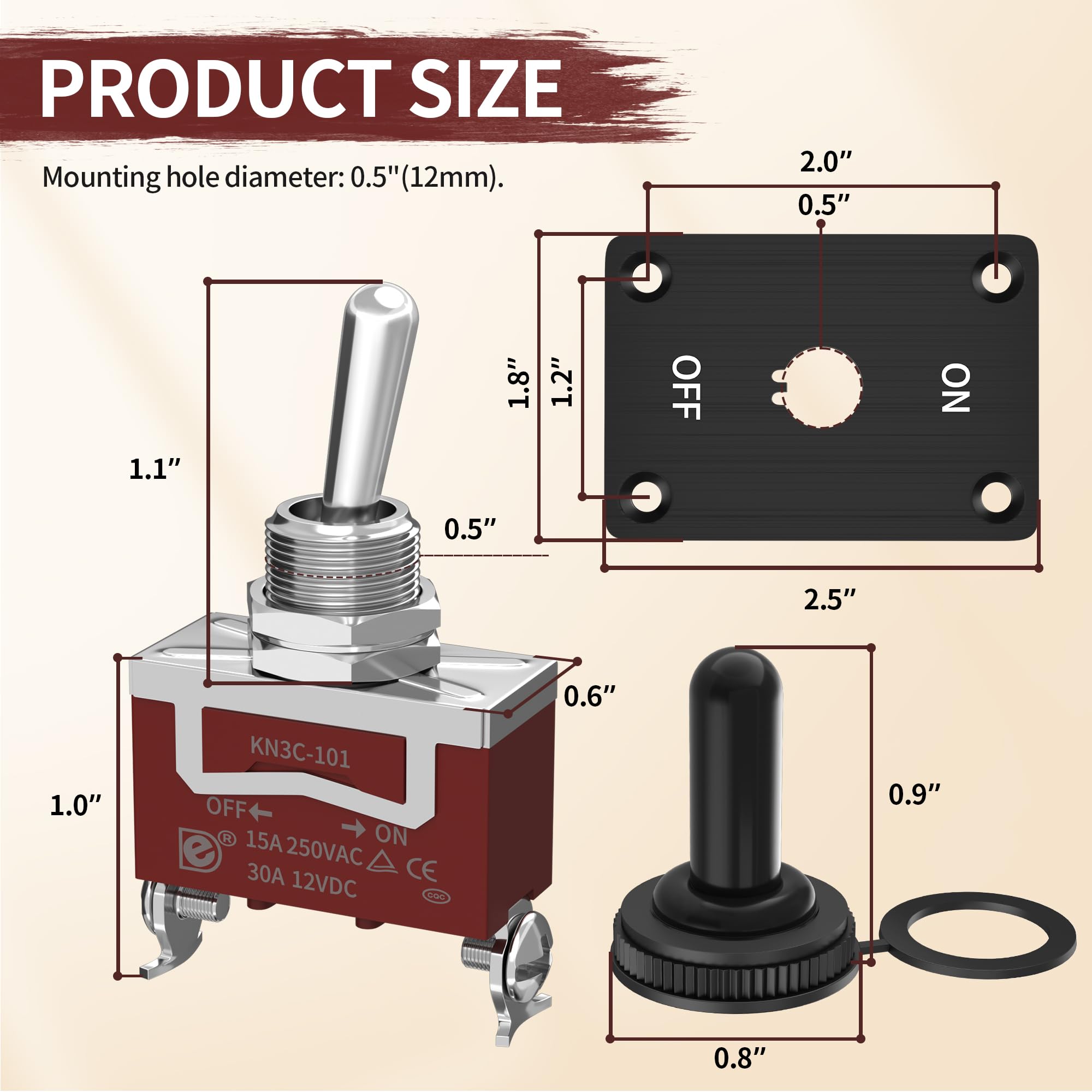 Rvmarinepat Heavy Duty Toggle Switch 12V Dc 30A Waterproof Toggle Switch 2 Pin On/Off Spst With Mounting Panel, Weatherproof Cap