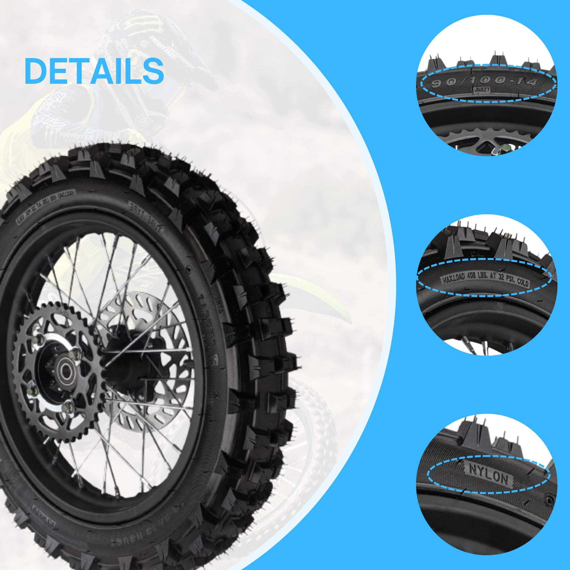 RedCap 14" Rear Wheel Rim Tire Assembly for Dirt Pit Bike - 90/100-14, Black, Includes Brake Rotor & Sprocket
