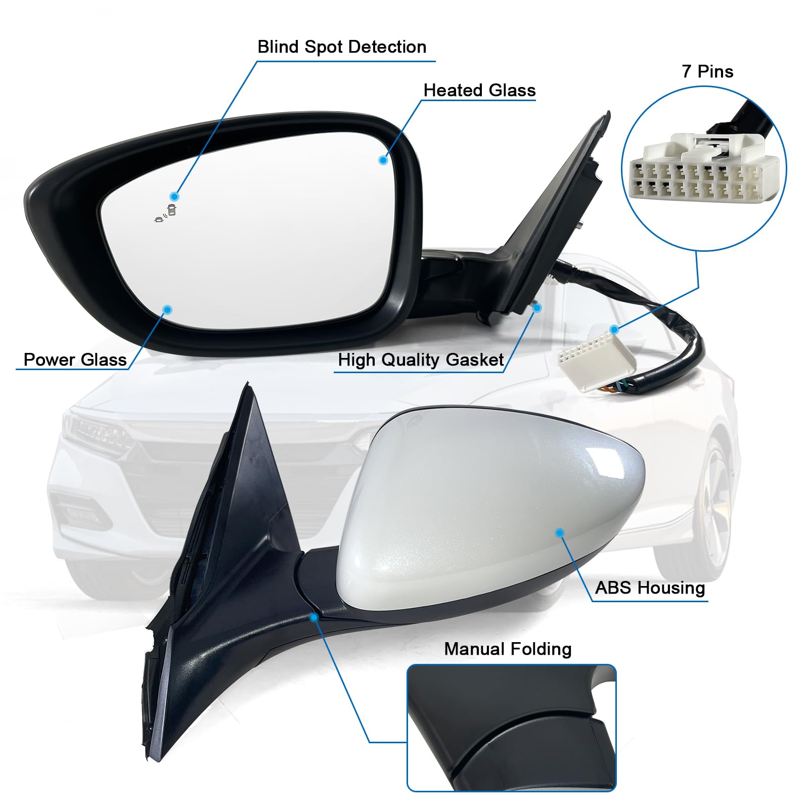 Lqito Left Driver Side Mirror for 2018-2022 Honda Accord - Power Glass, Heated, Blind Spot, 7Pins, Platinum White Pearl, Replaces HO1320329