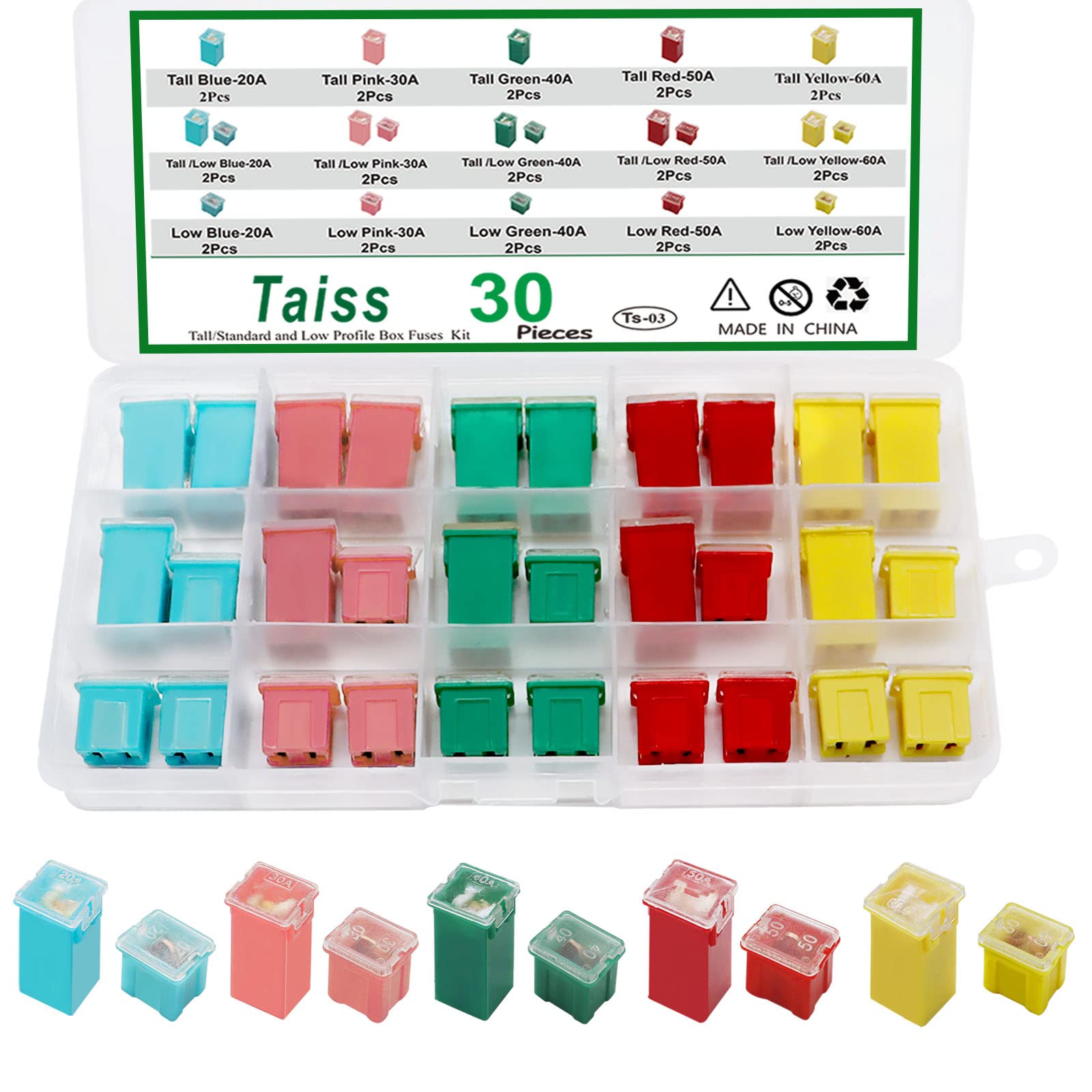 Taiss Automotive Tall/Standard and Low Profile Box Shaped Fuses Assortment Kit, Car Fuses Assortment Kit 30PCS; Suitable for Che