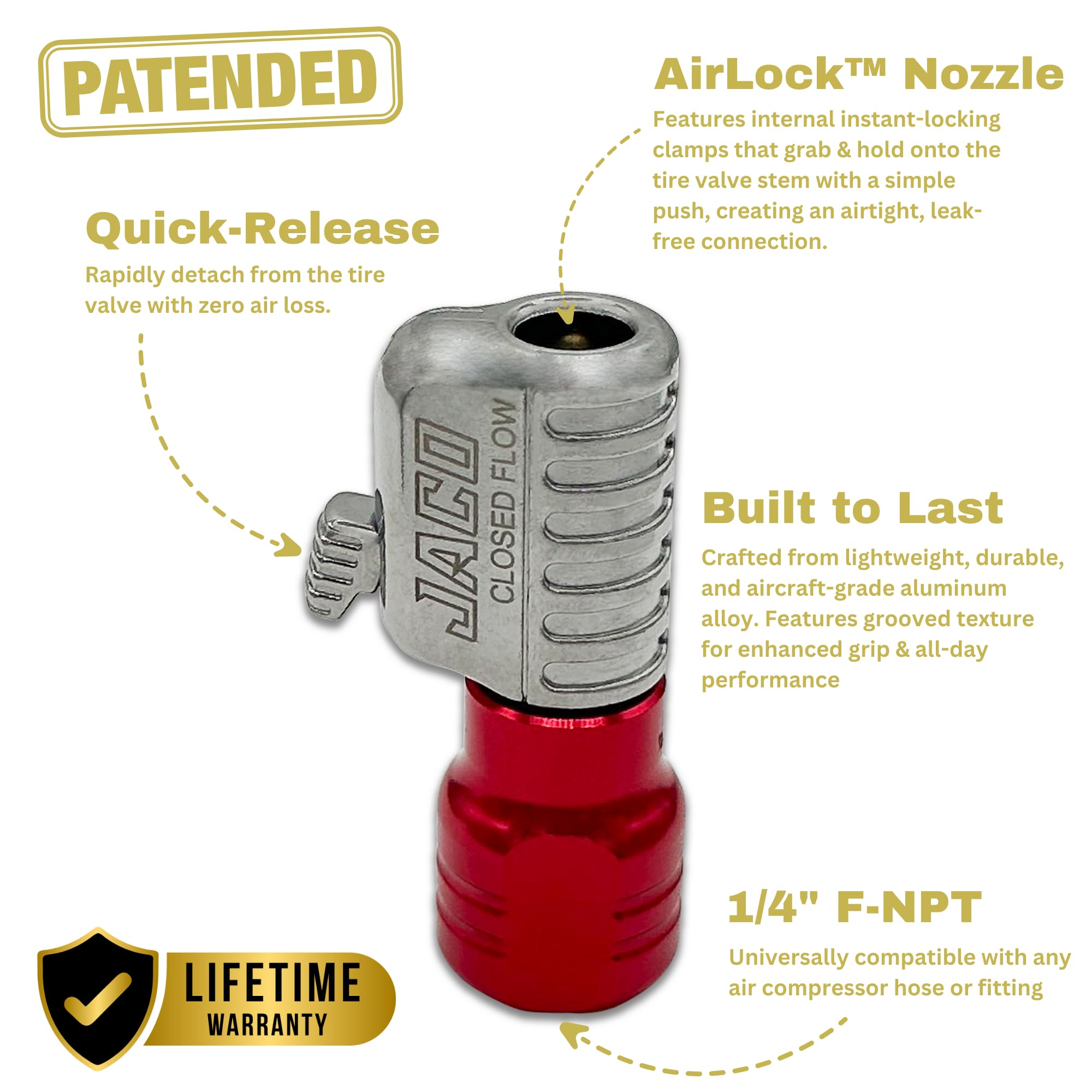 Jaco Lightning S2-Series Tire Air Chuck - 1/4'' F-Npt (Closed Flow)