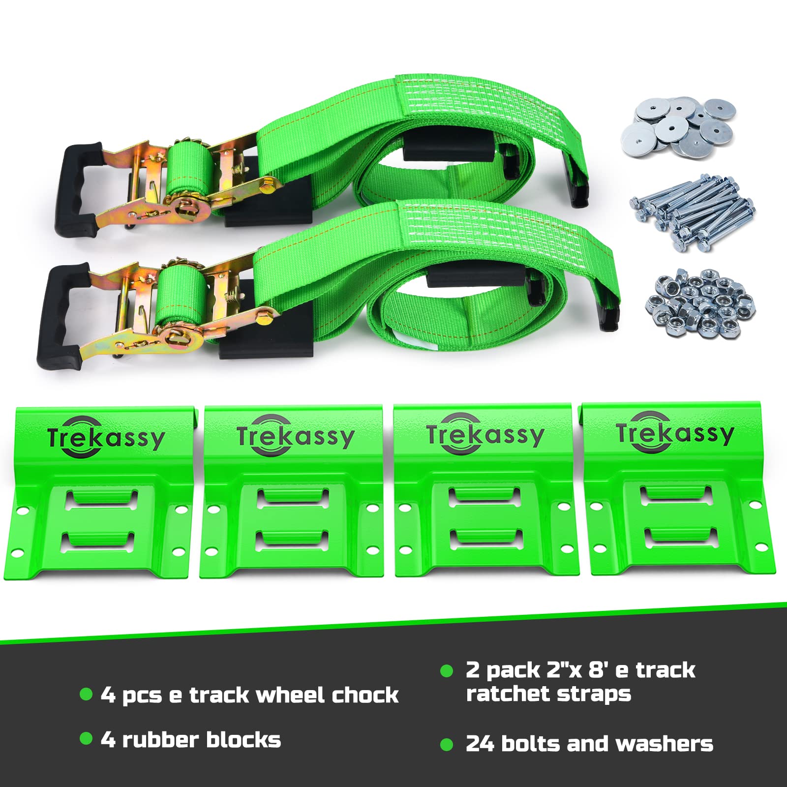 Trekassy Heavy Duty Wheel Chock Tie-Down Kit, 4,400lb Strength, 2 Pack, Green, Model NS2401G-A08, for ATV/UTV/Lawn