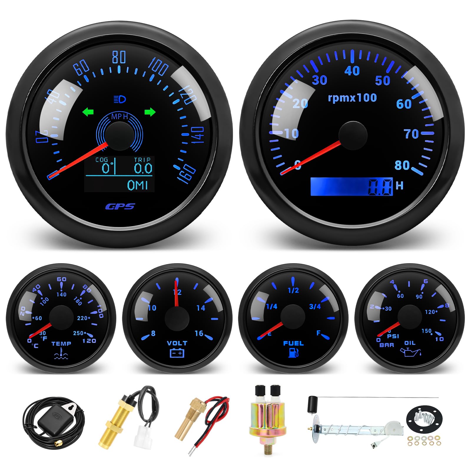 MH 6 Boat AUTO Gauge Set - 3-3/8 GPS Speedometer, Tachometer, 2-1/16 Oil Pressure, Fuel Level, Water Temperature, Voltmeter Mari